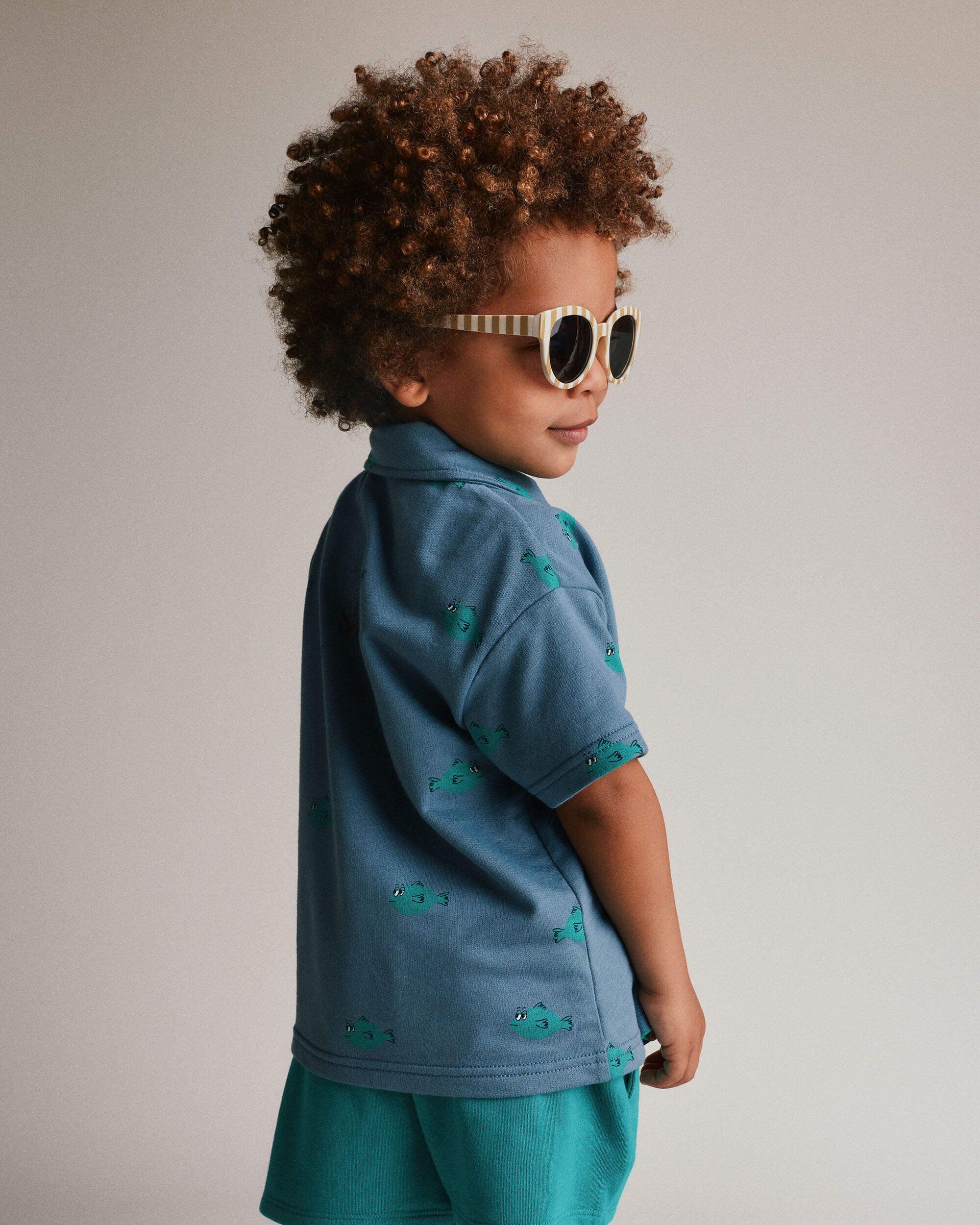 Toddler Boy Button-Down Short-Sleeve Shirt Fish Print - Slate