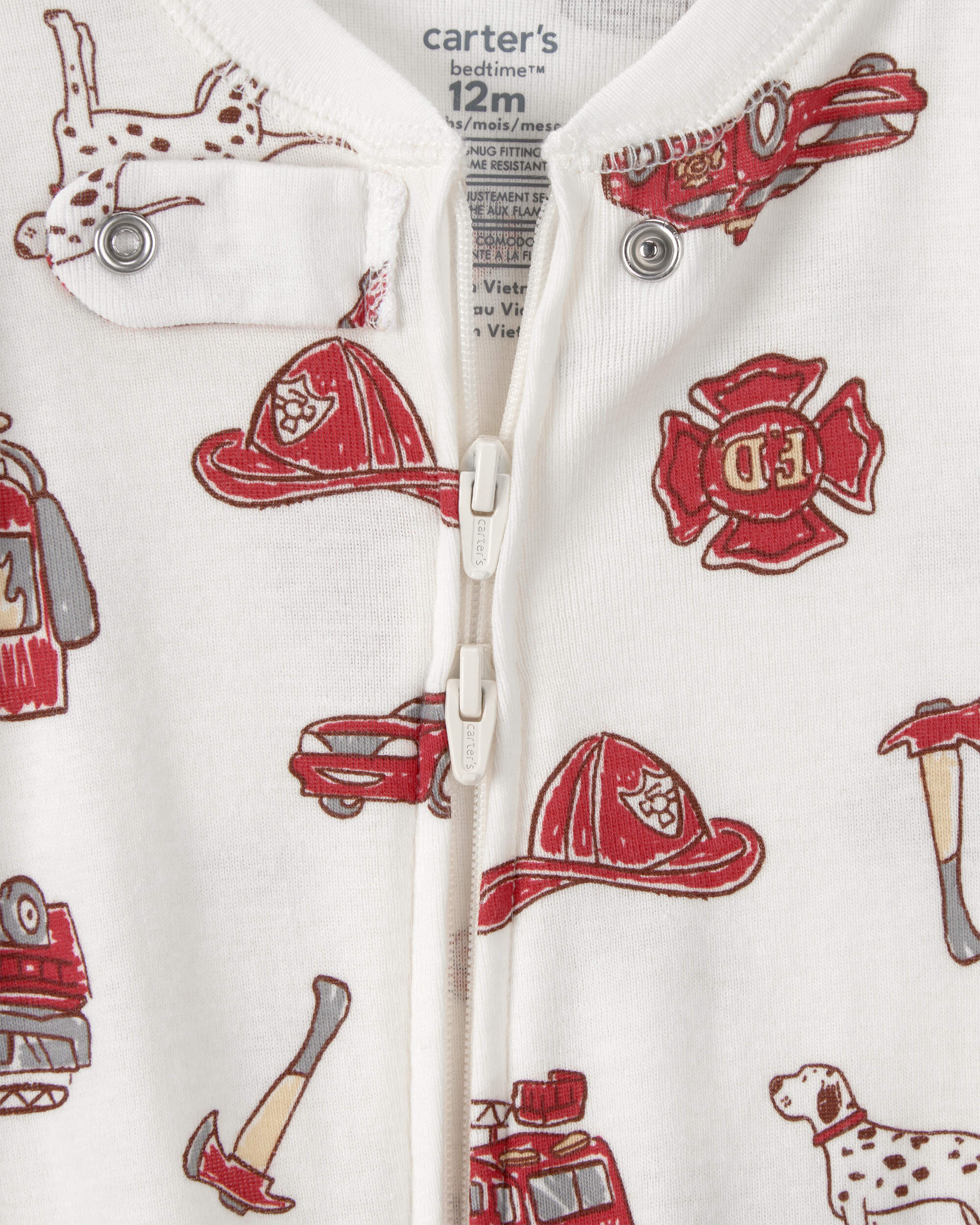 Baby Boy Firetruck 100% Cotton Snug Fit 1-Piece Pajama Set - White