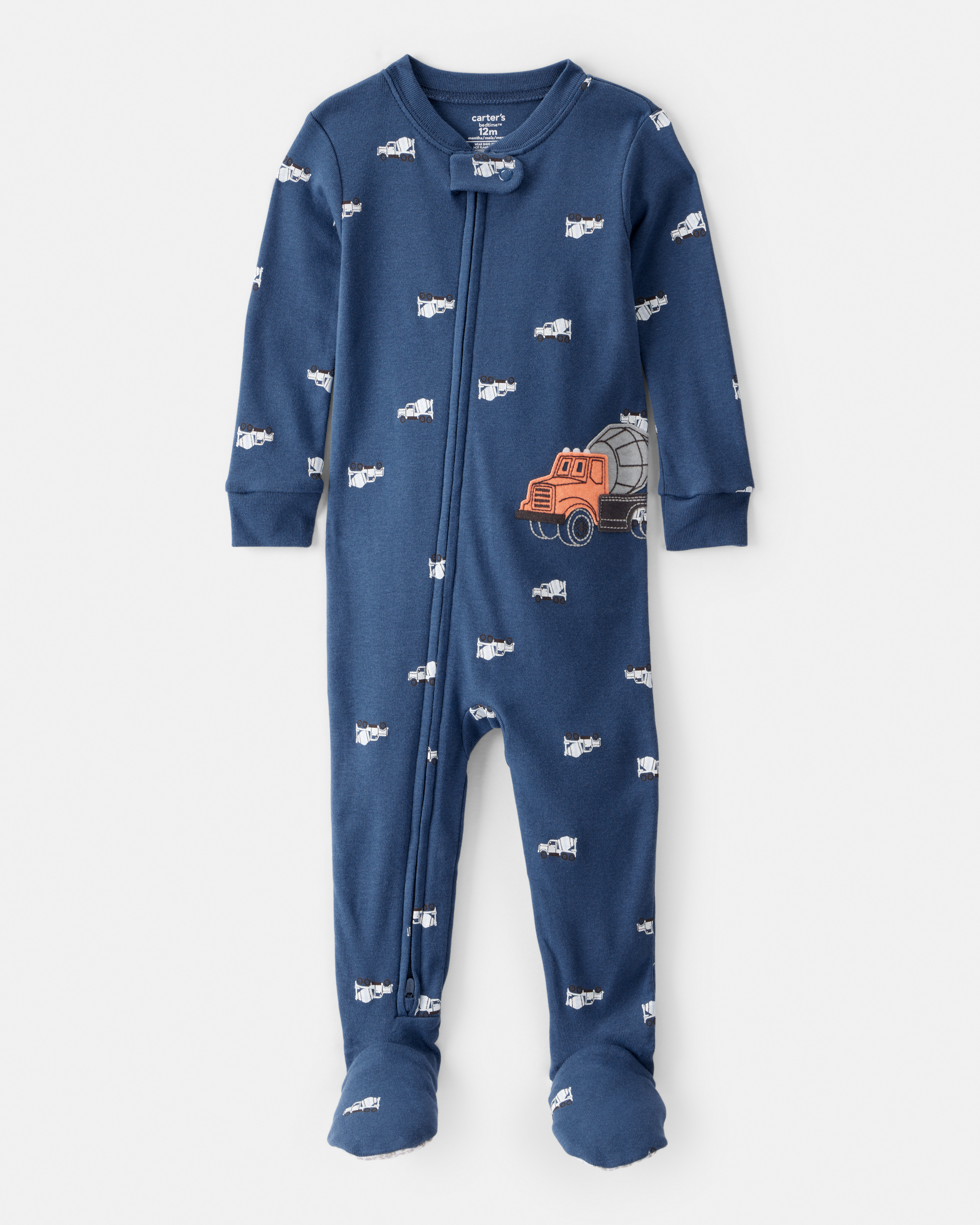 Baby Boy Construction Print 100% Cotton Long-Sleeve 2-Way Zip 1-Piece Pyjamas - Blue