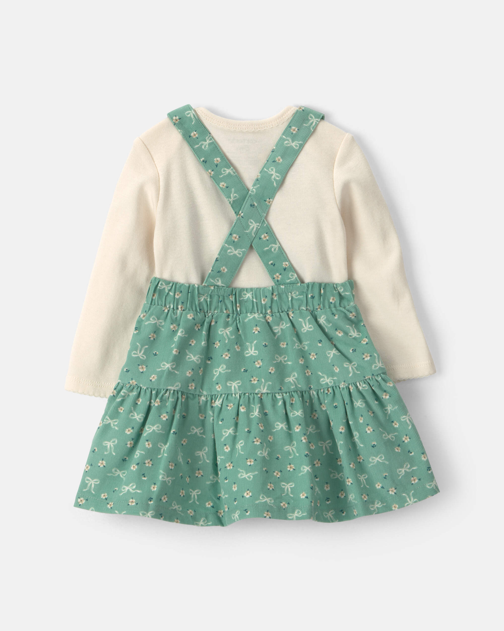 Baby Girl 3-Piece Bow Floral Corduroy Long-Sleeve Dress Set - Green/Cream