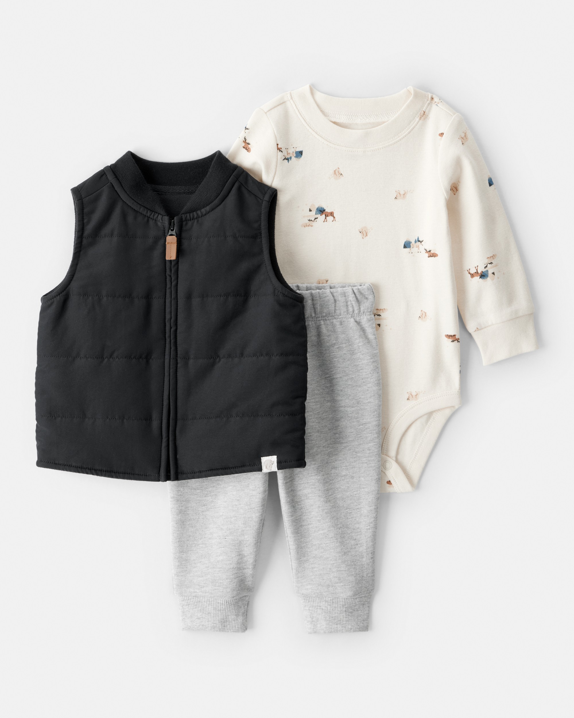 Baby Boy 3-Piece Quilted Vest Outfit Set - Grey/Black