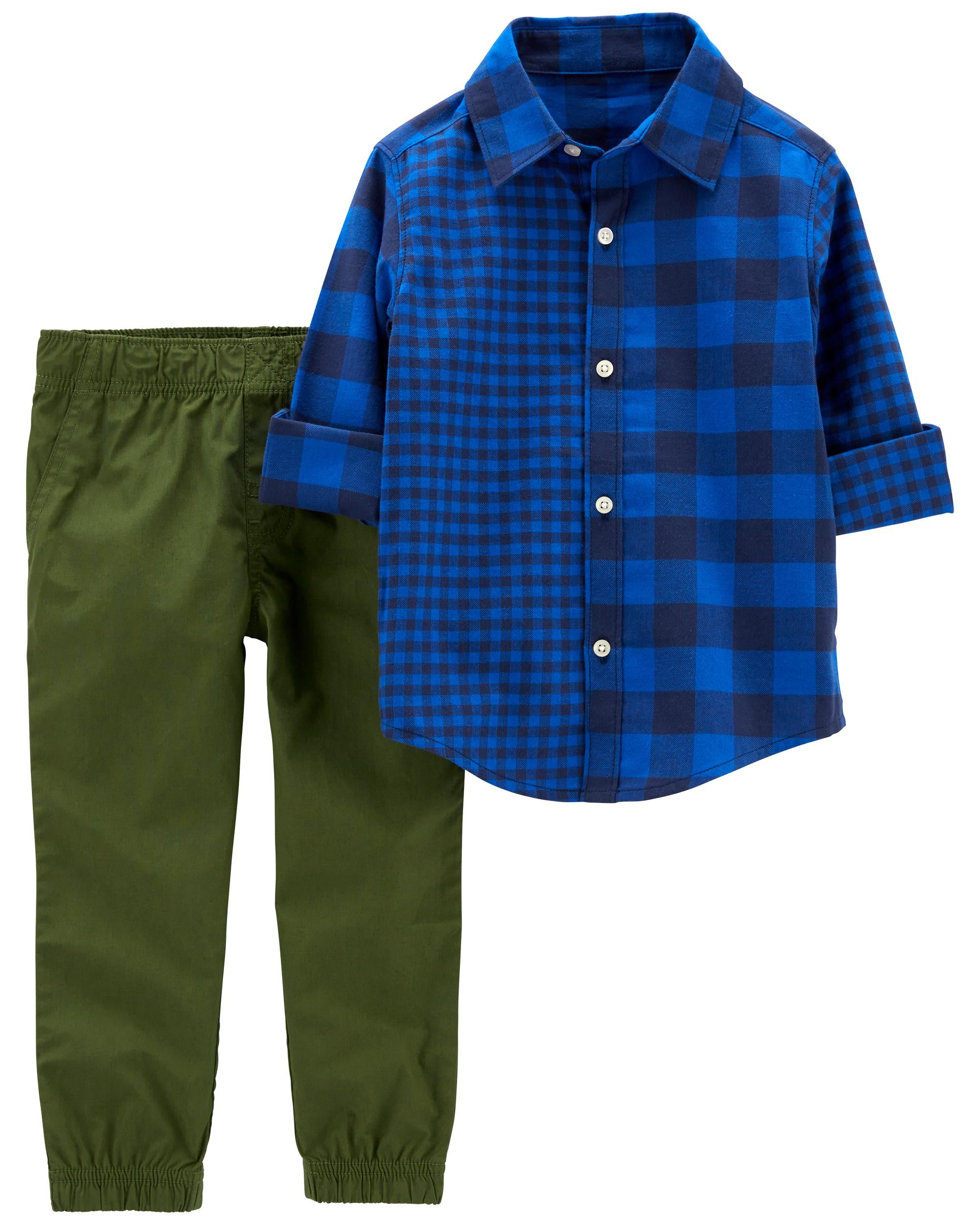 2-Piece Plaid Button-Front Shirt & Pant Set