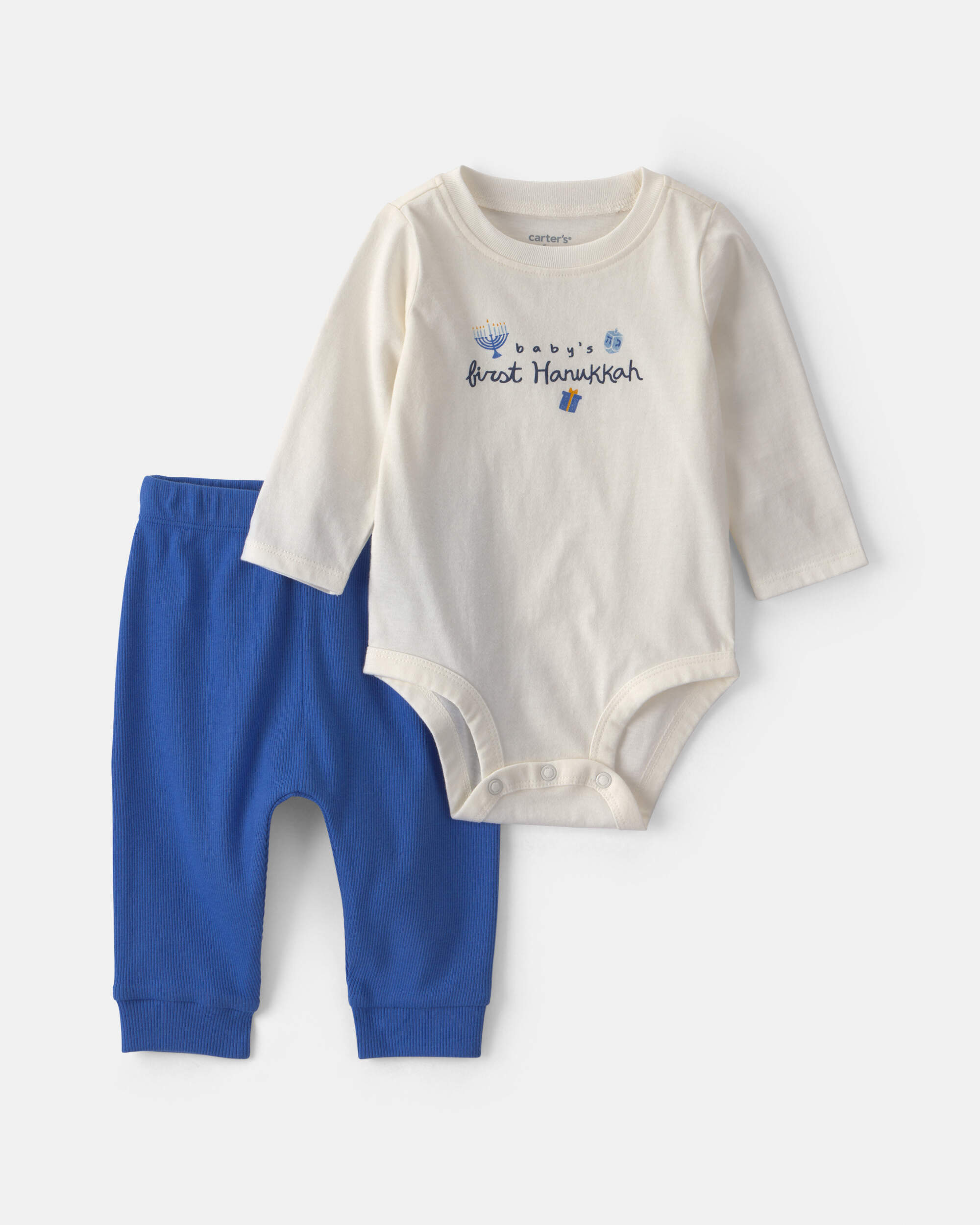 Baby 2-Piece 'Baby's 1st Hanukkah' Long-Sleeve Bodysuit & Pant Set - Blue/Cream