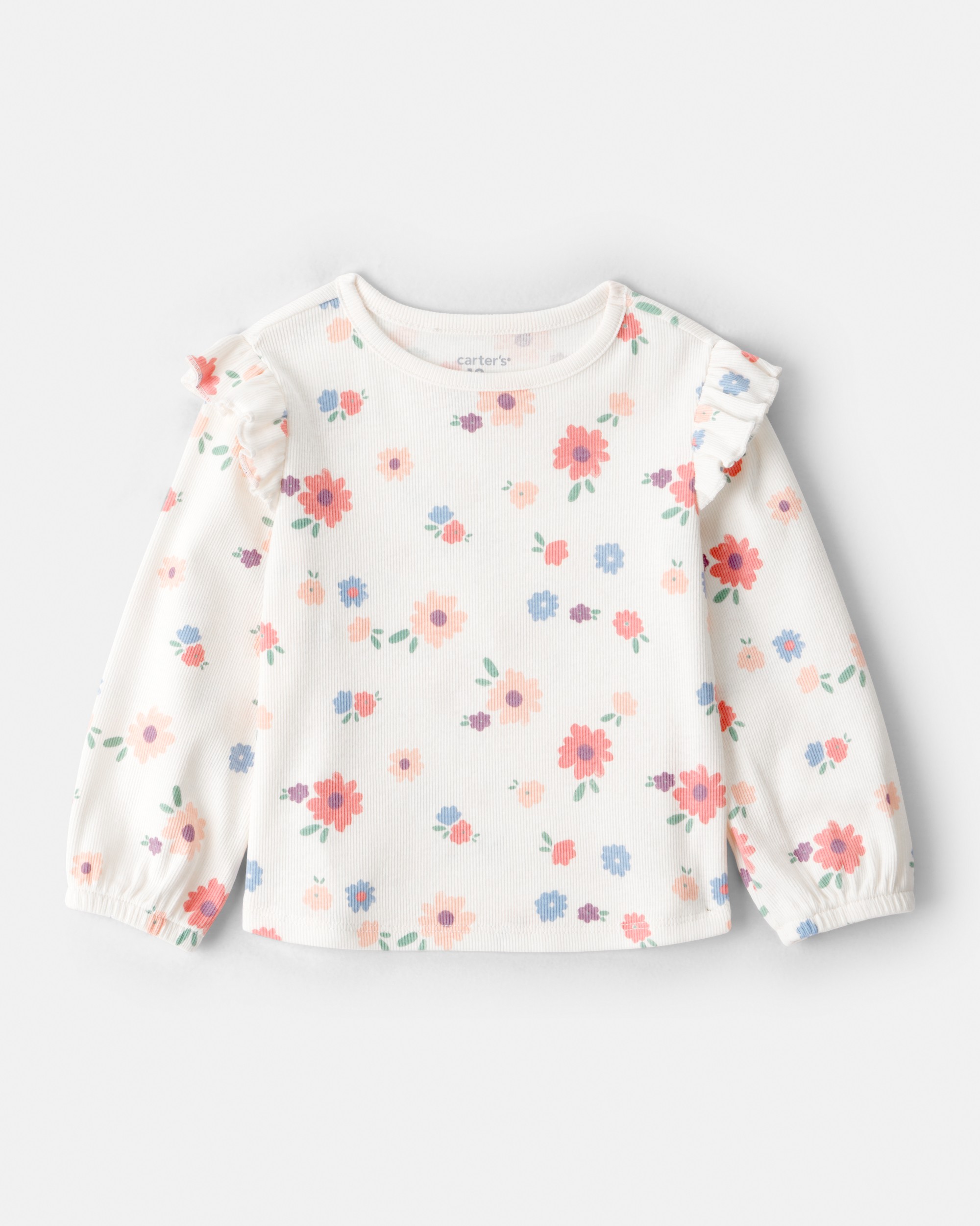 Baby Girl Floral Cotton Ruffle Long-Sleeve Top - White