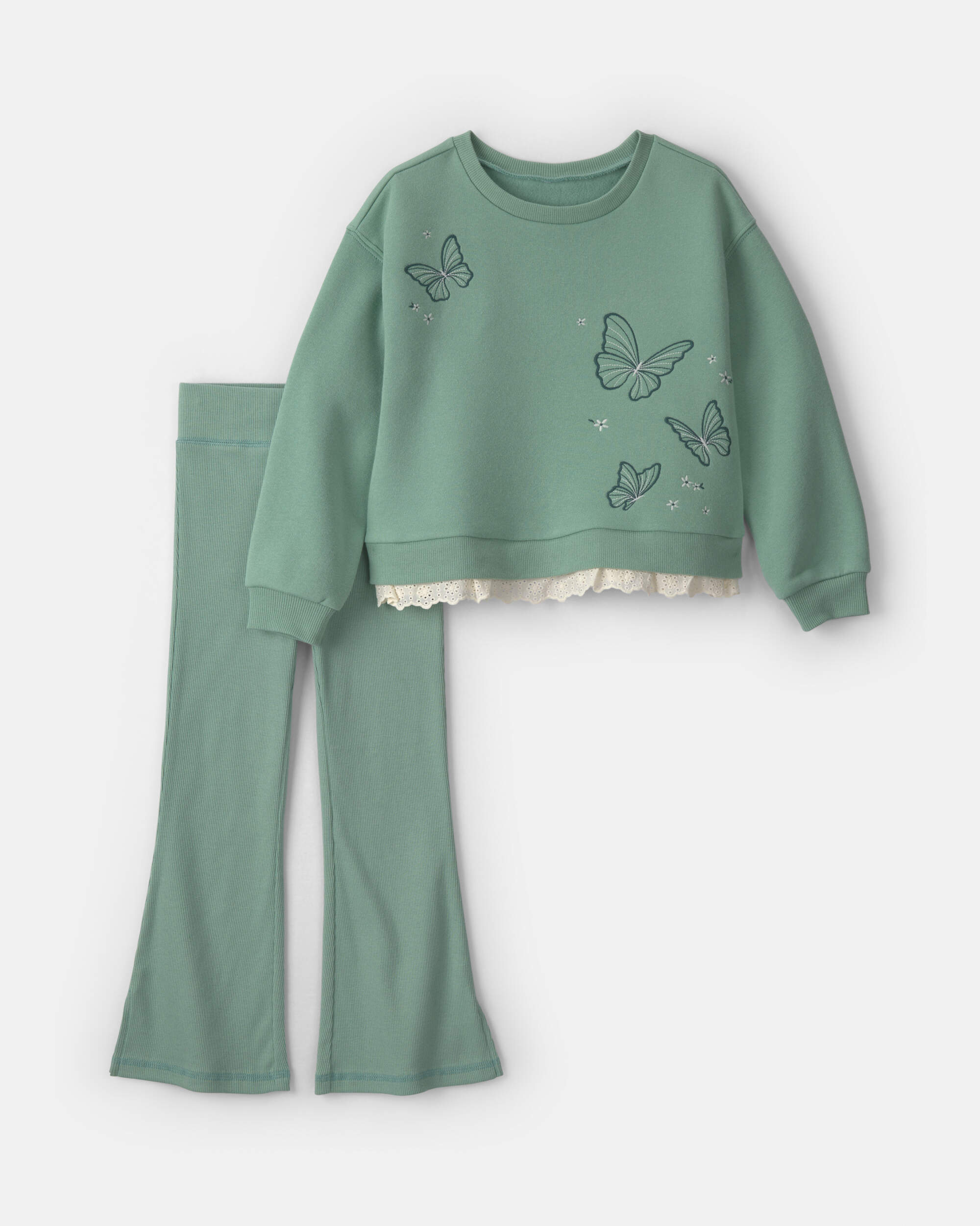 Girls 2-Piece Butterfly Fleece Long-Sleeve Top & Pant Set - Green