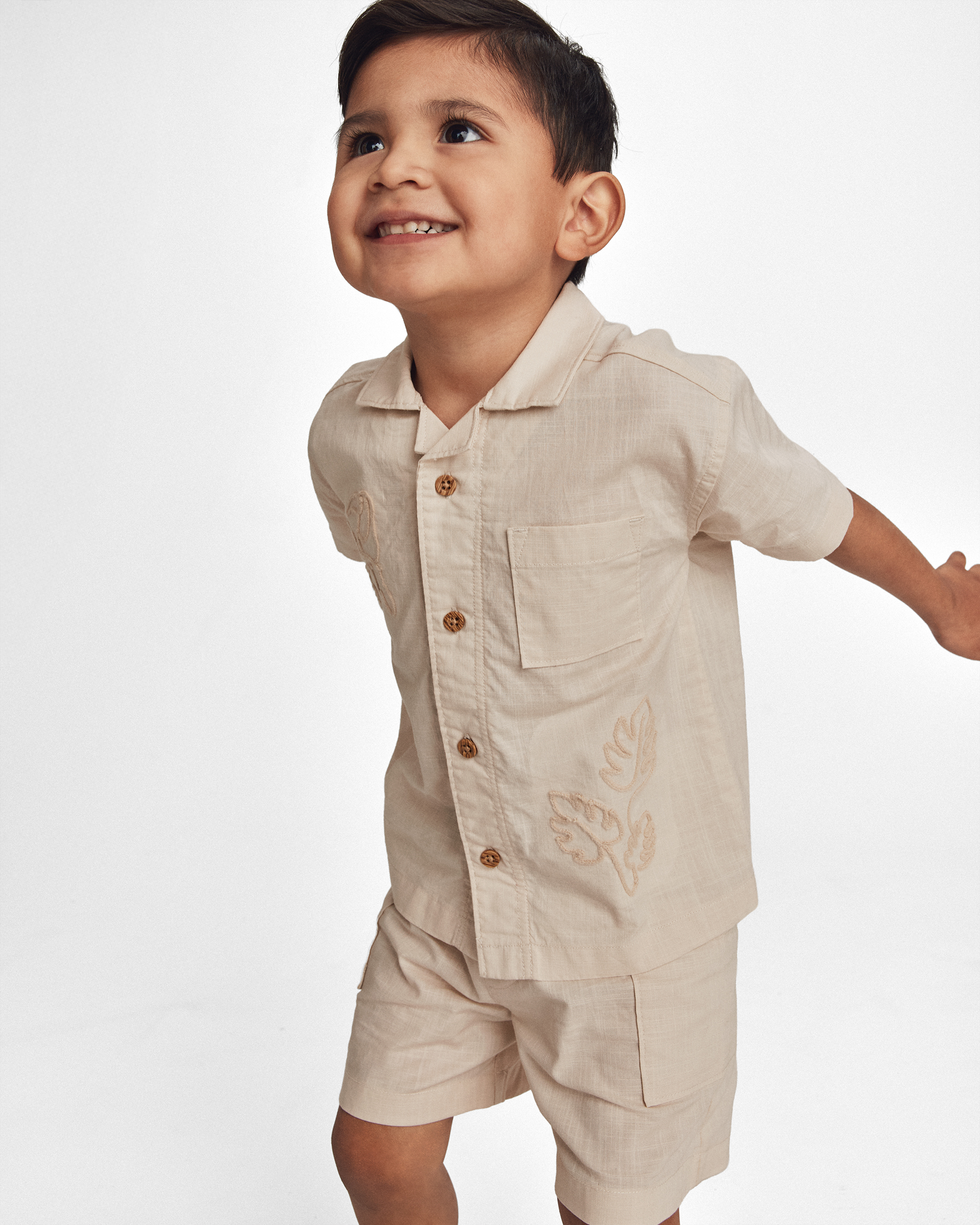 Toddler Boy Toucan Embroidered Short-Sleeve Button-Down Shirt - Khaki