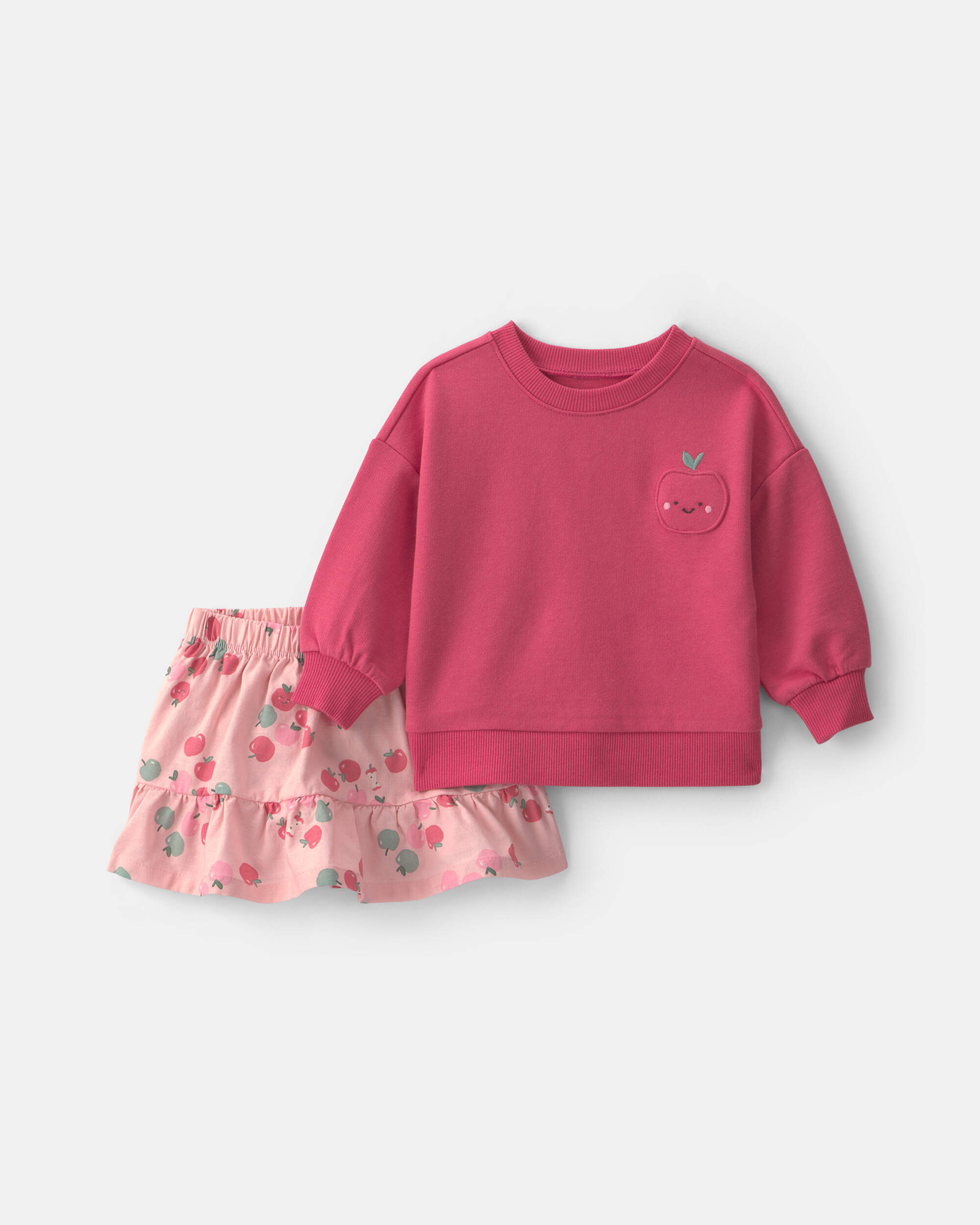 Baby Girl 2-Piece Apple French Terry Long-Sleeve Top & Skirt Set - Pink