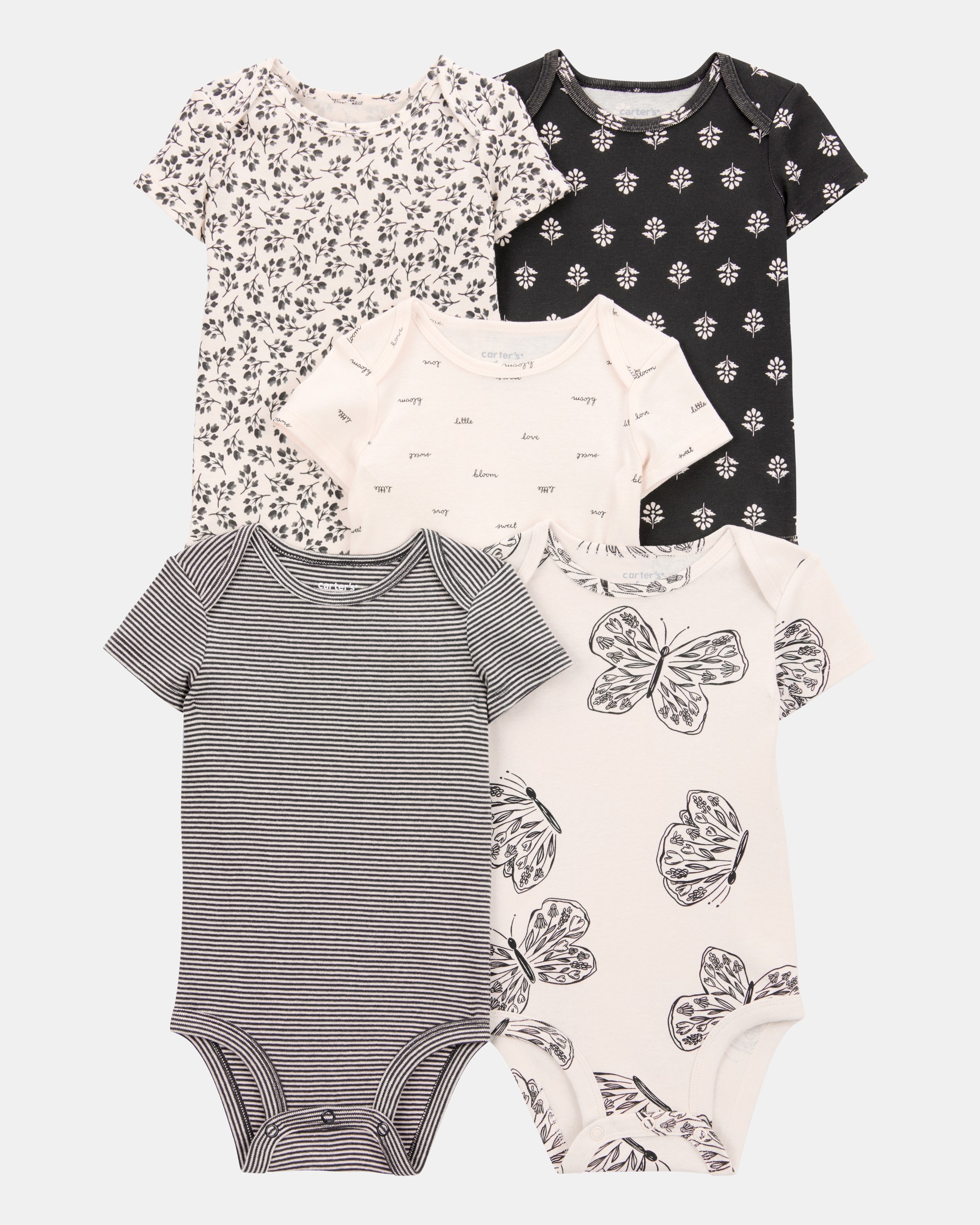 Baby Girl 5-Pack Striped Butterfly Short-Sleeve Cotton Bodysuits