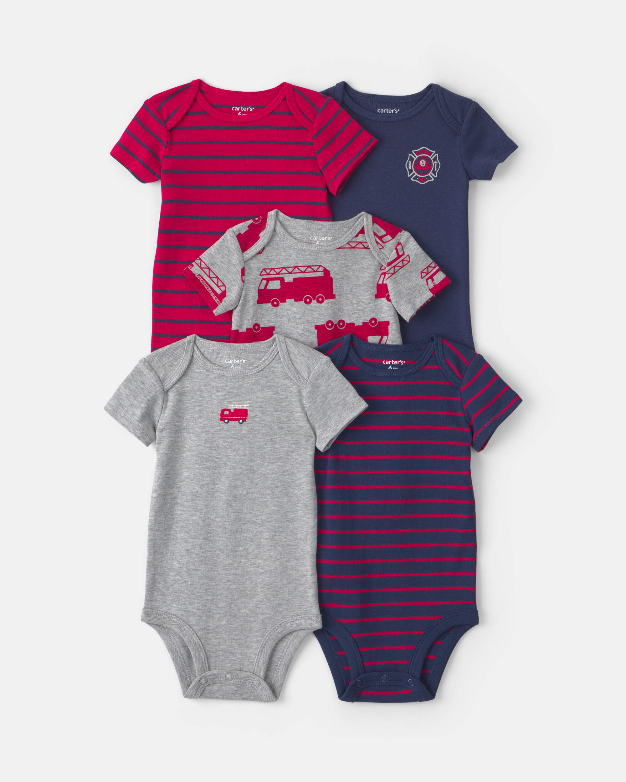 Baby Boy 5-Pack Firetruck Striped Short-Sleeve Bodysuits