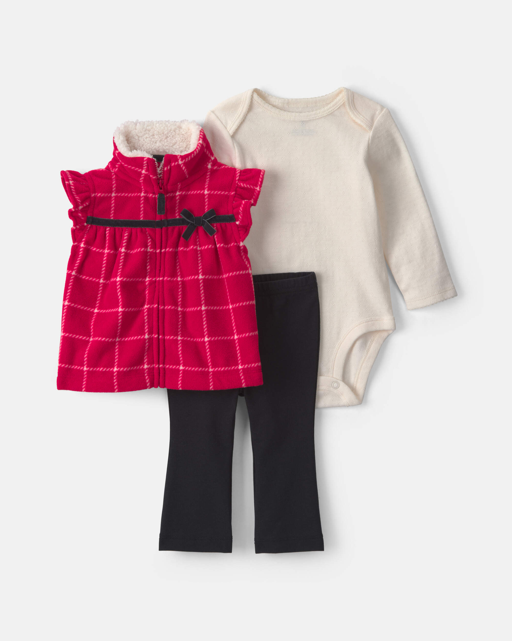Baby Girl 3-Piece Plaid Fleece Layering Set - Red/Black/Cream