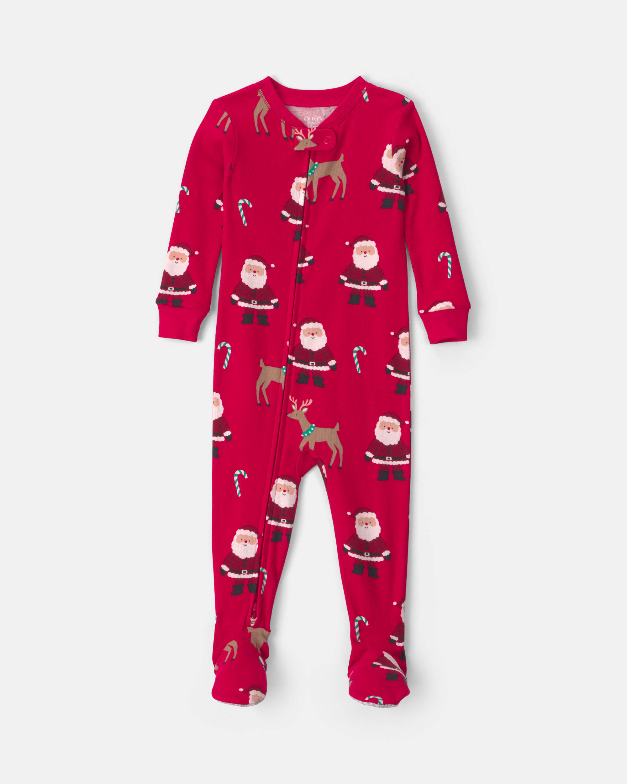 Baby 1-Piece Beige Santa Christmas 2-Way Zip 100% Cotton Snug Fit Footed Pyjama - Red