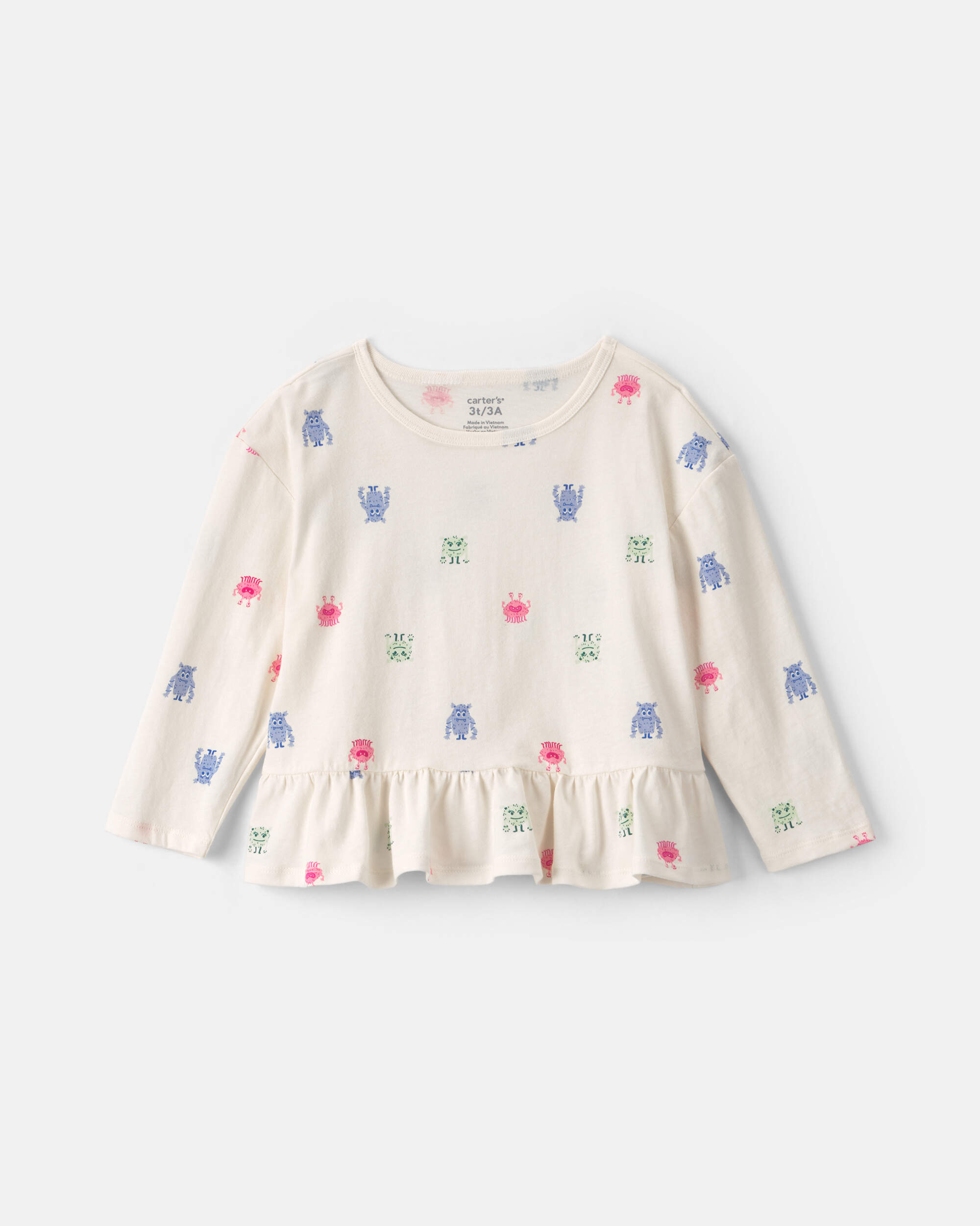 Toddler Girl Monster Long-Sleeve Peplum Top - Cream