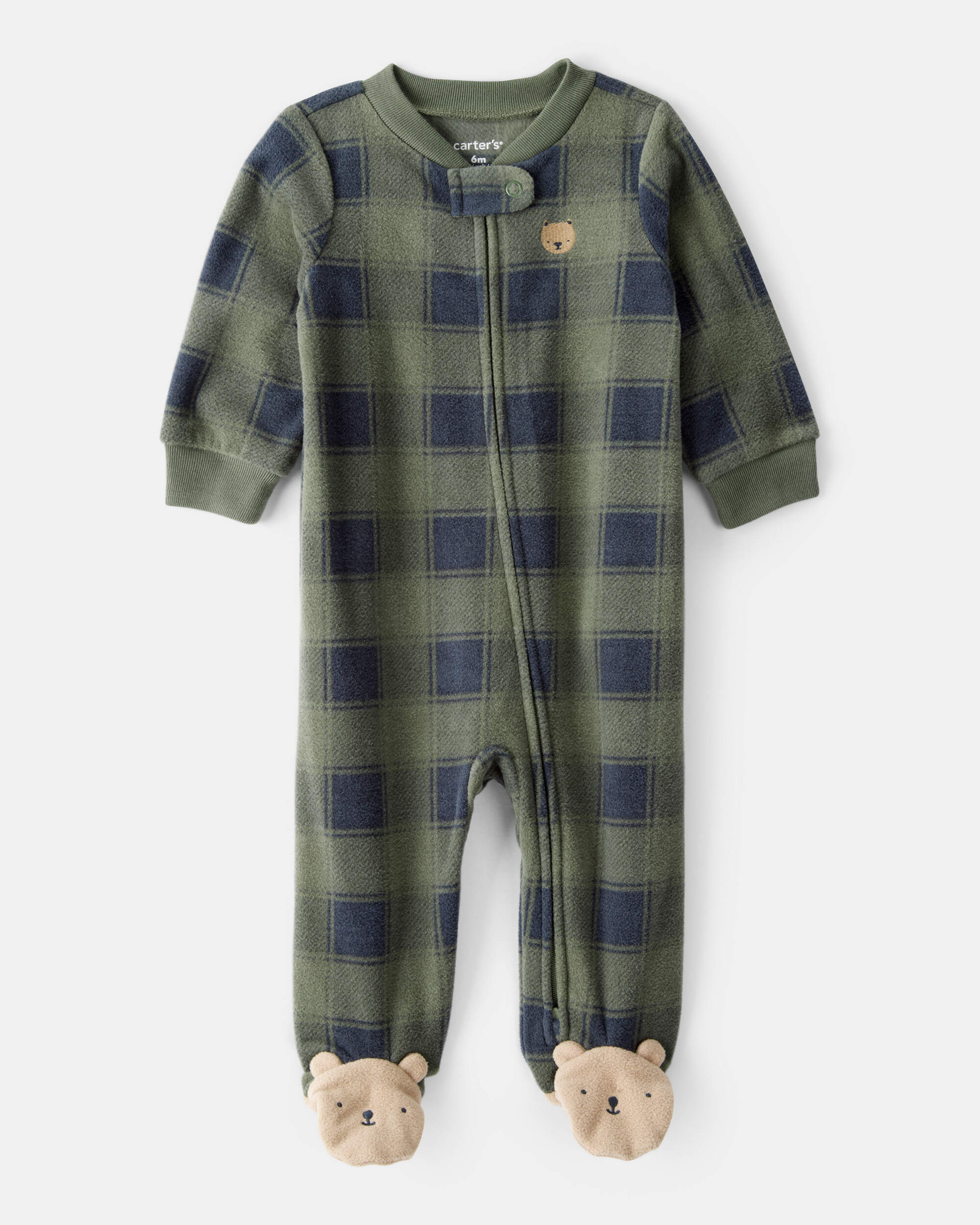 Baby Boy Bear Plaid Print Loose Fit Long-Sleeve Sleeper - Green