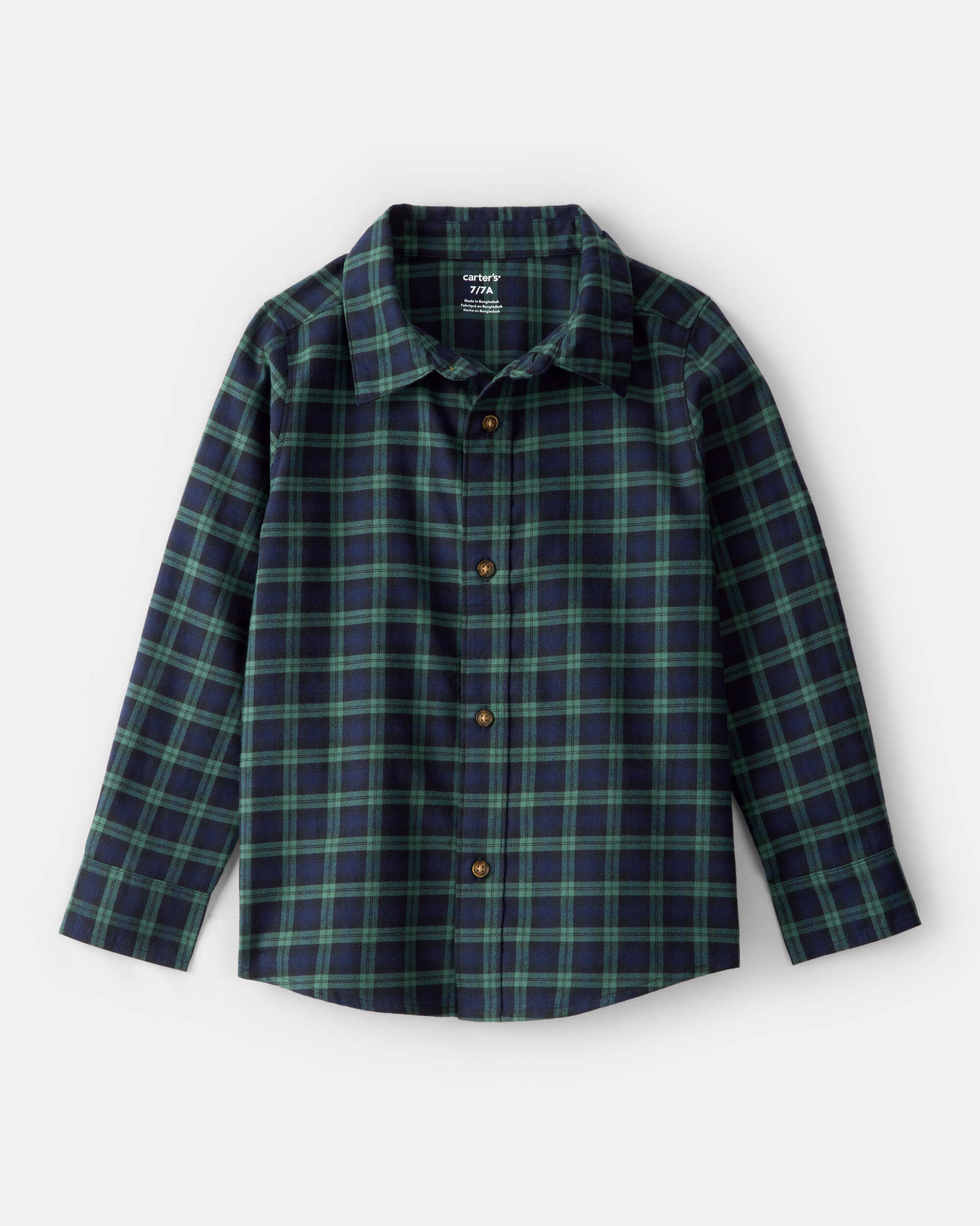 Boys Plaid Cotton Long-Sleeve Button-Down Shirt - Green