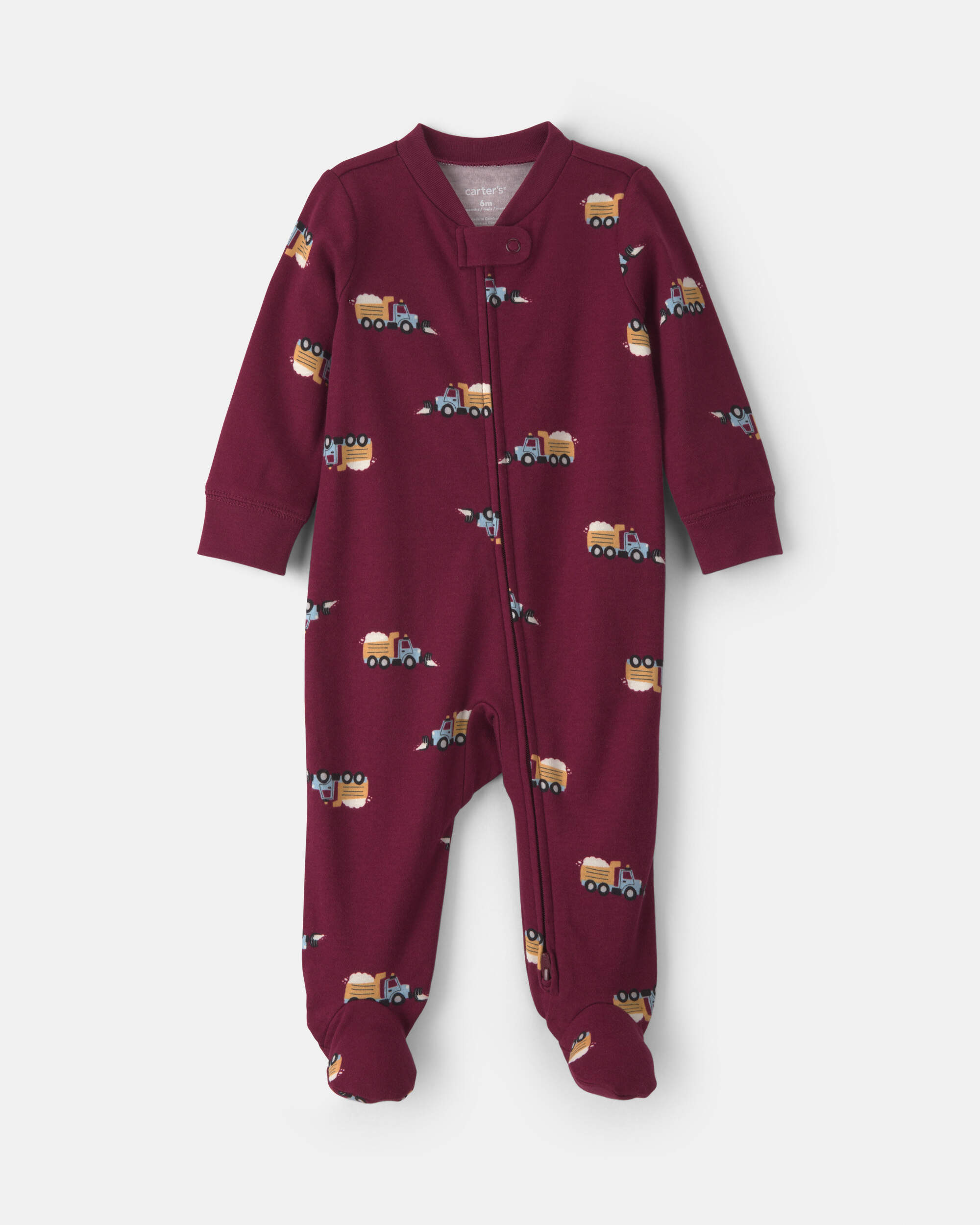 Baby Boy Construction Truck 100% Cotton 2-Way Zip Sleeper - Burgundy