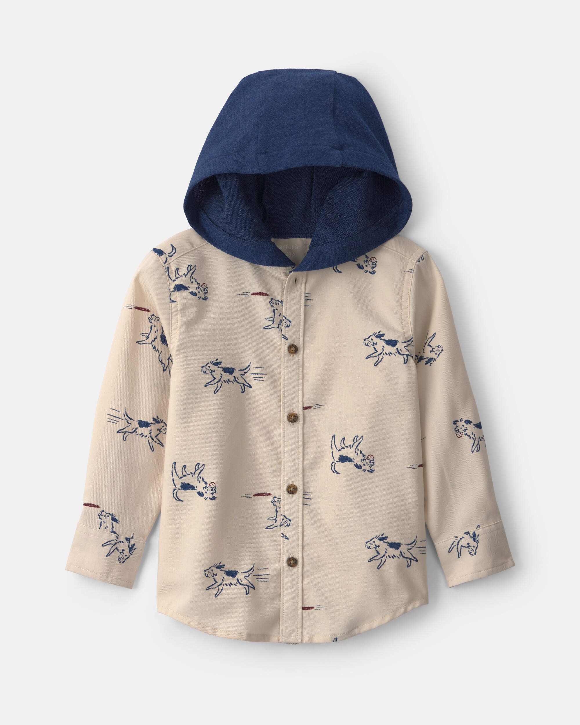 Toddler Boy Dog Twill Long-Sleeve Button-Down Shirt - Cream/Navy Blue