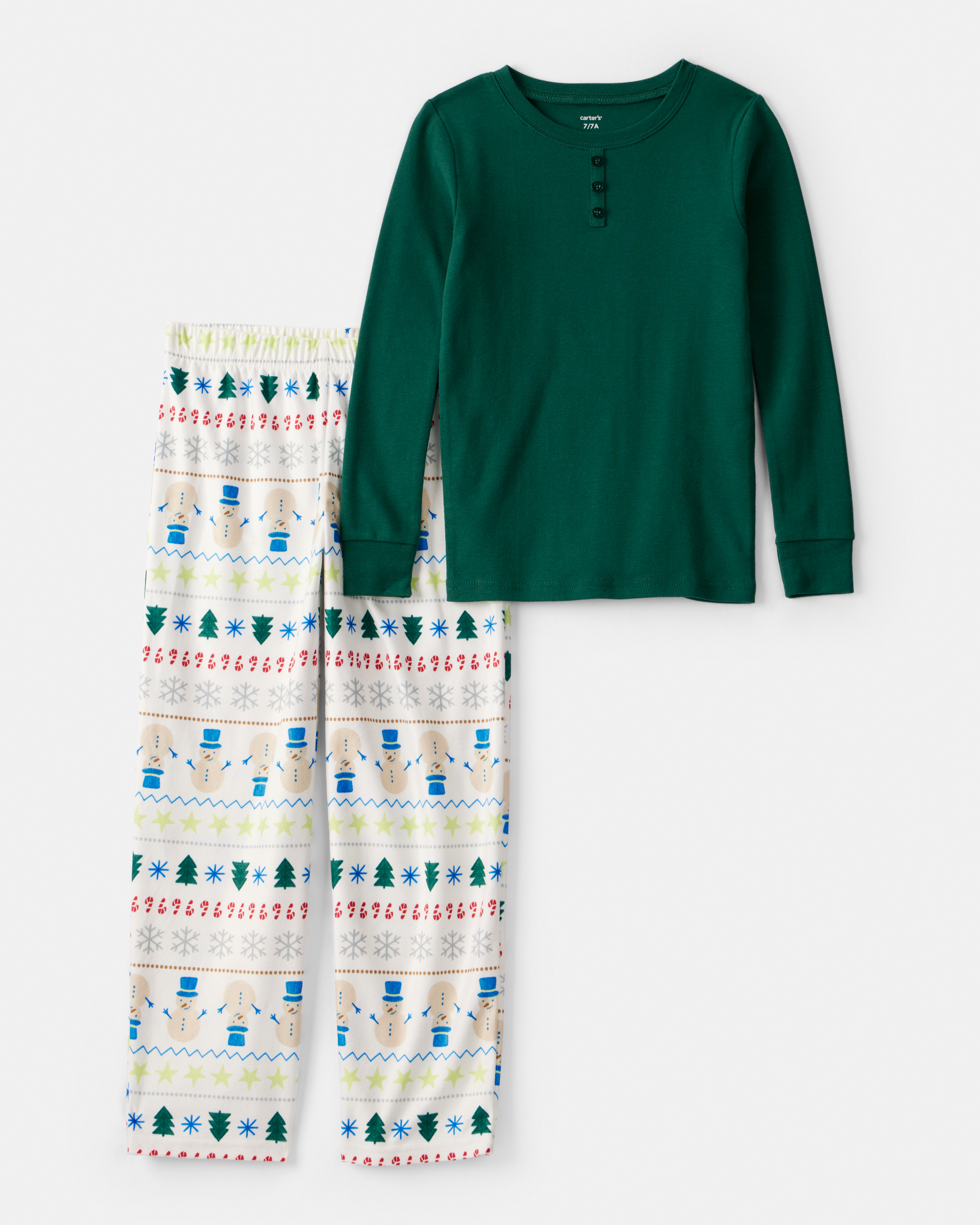 Kid Christmas Fair Isle Cotton Long-Sleeve Snug Fit 2-Piece pyjamas - Green/White
