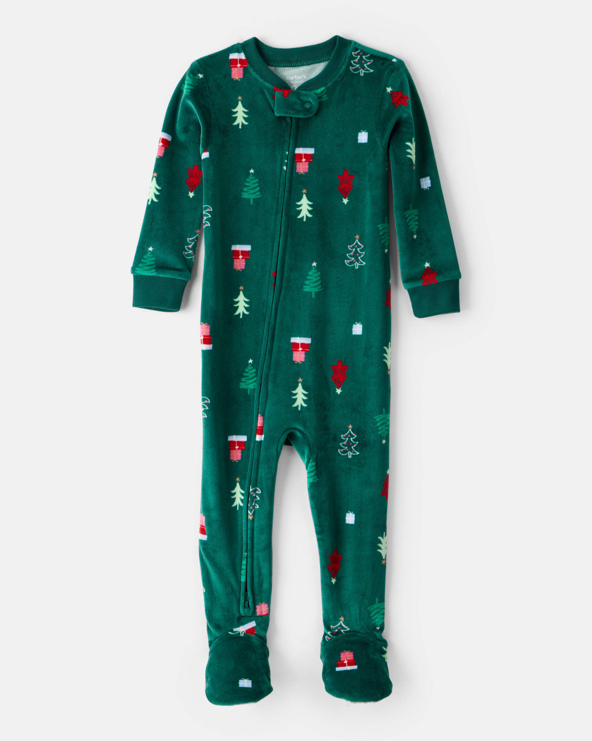 Toddler Christmas Tree Print Velour Long-Sleeve Loose Fit 1-Piece pyjamas - Green