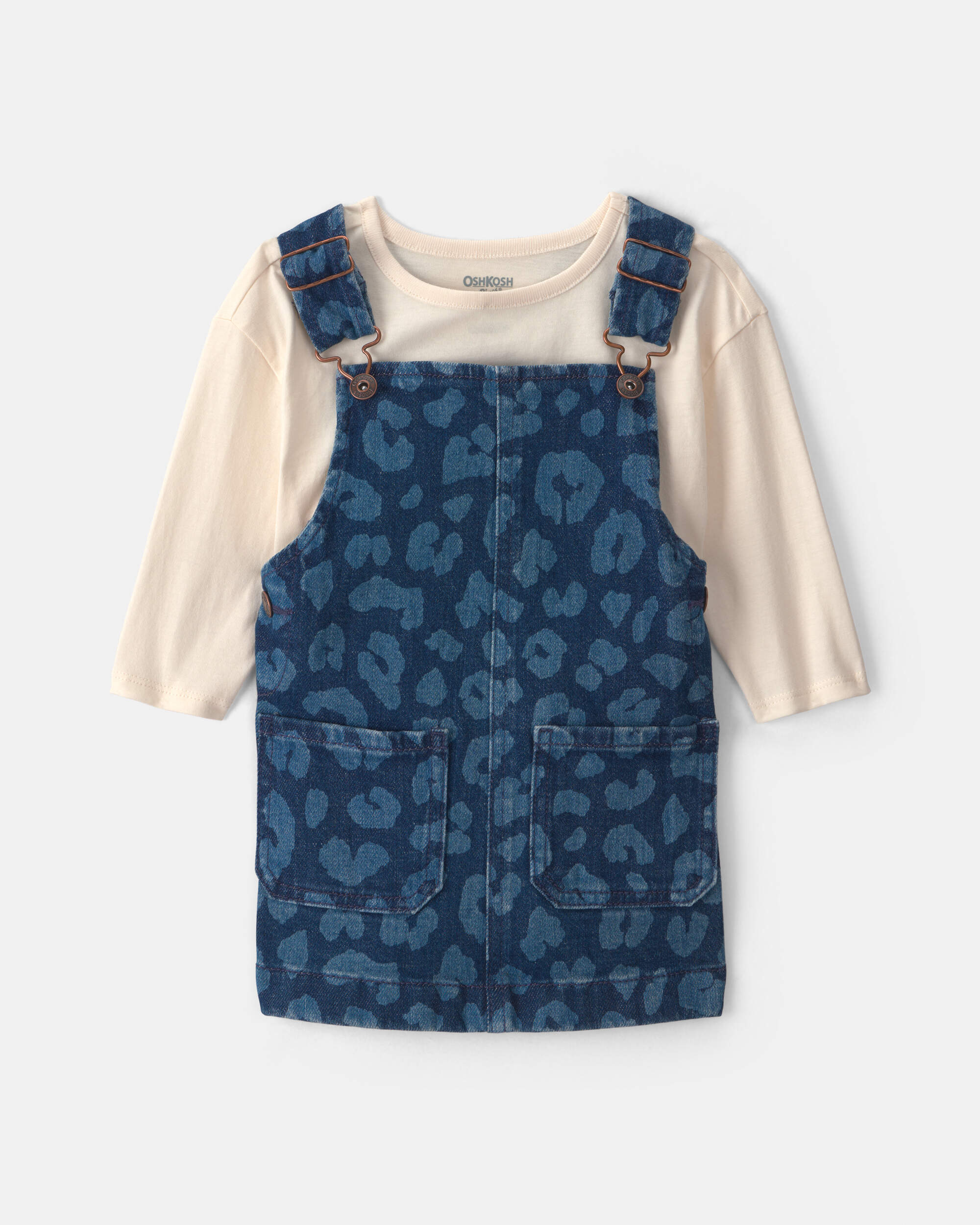 Baby Girl 2-Piece Leopard Denim Long-Sleeve Overall Set - Dark Wash, , hi-res