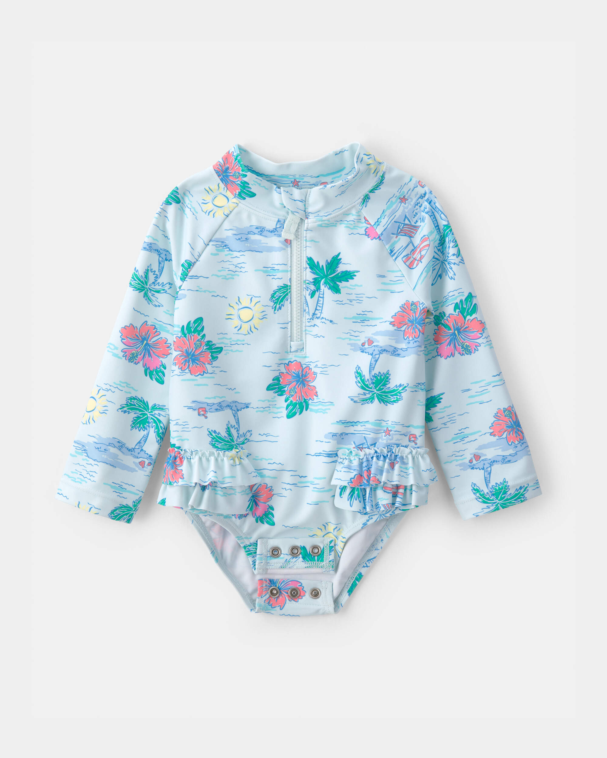 Baby Girl Beach Long-Sleeve 1-Piece Swimsuit - Blue