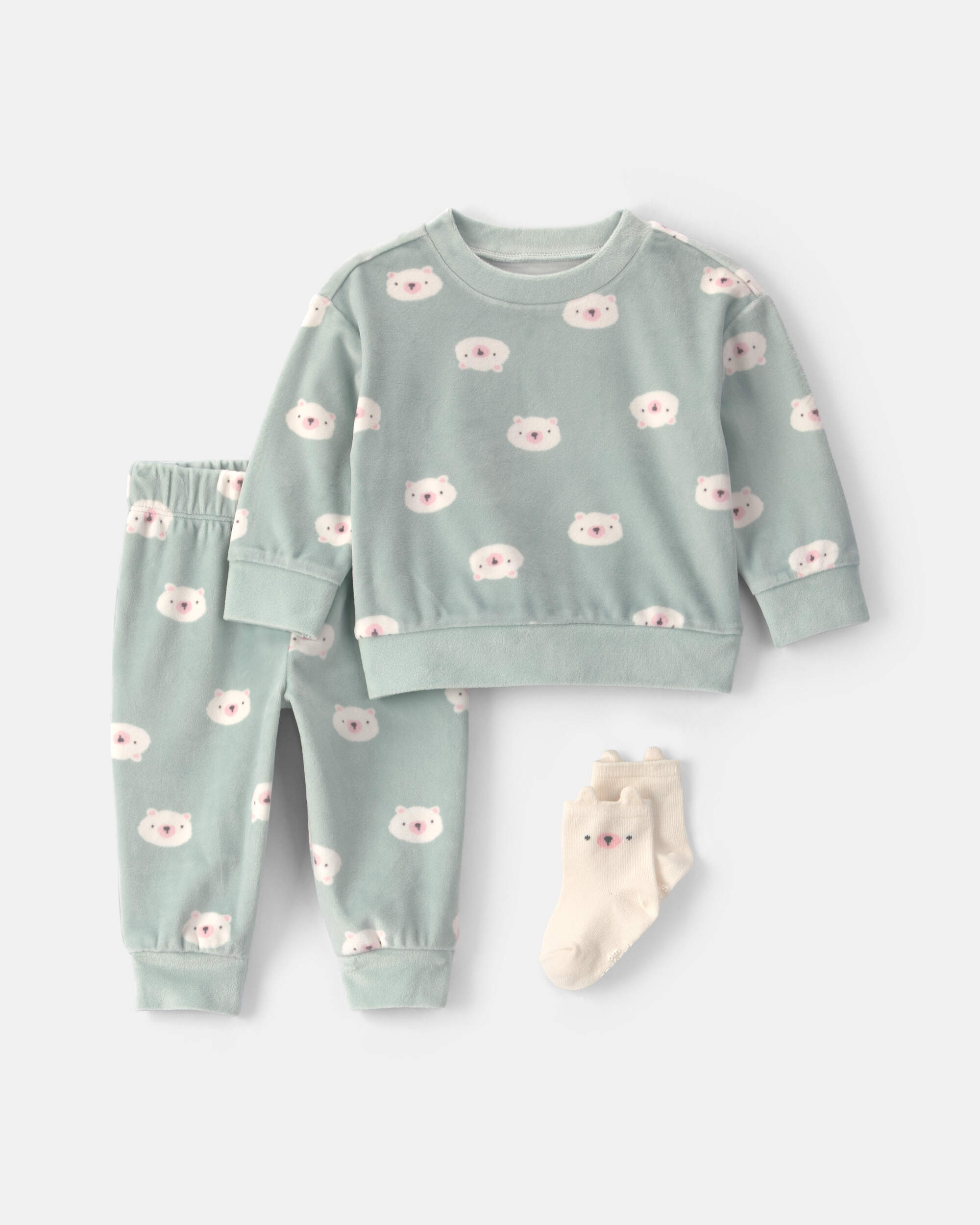 Baby Girl 3-Piece Bear Long-Sleeve Top & Pant Set - Green