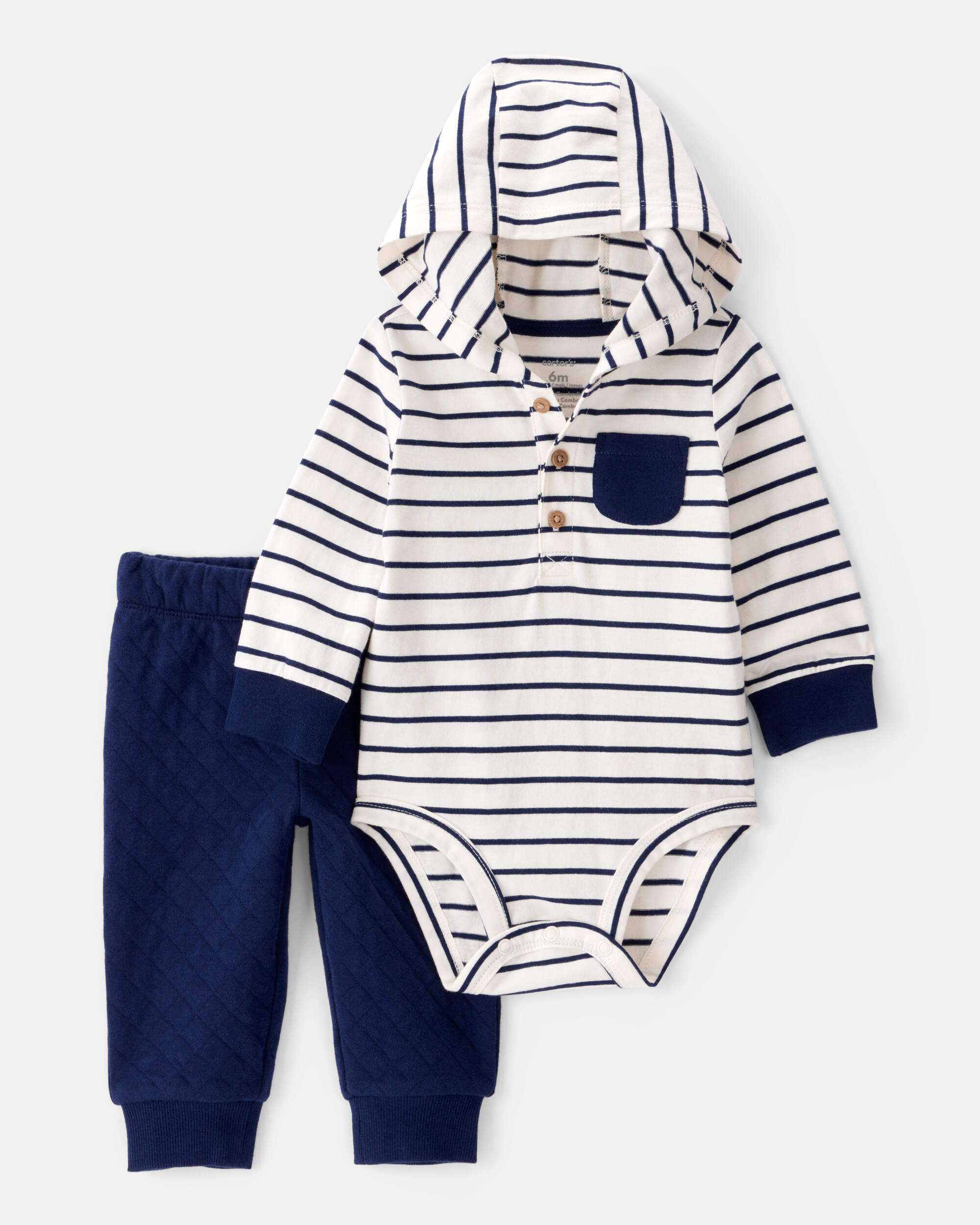 Baby Boy 2-Piece Striped Hooded Long-Sleeve Bodysuit Pant Set - White/Navy