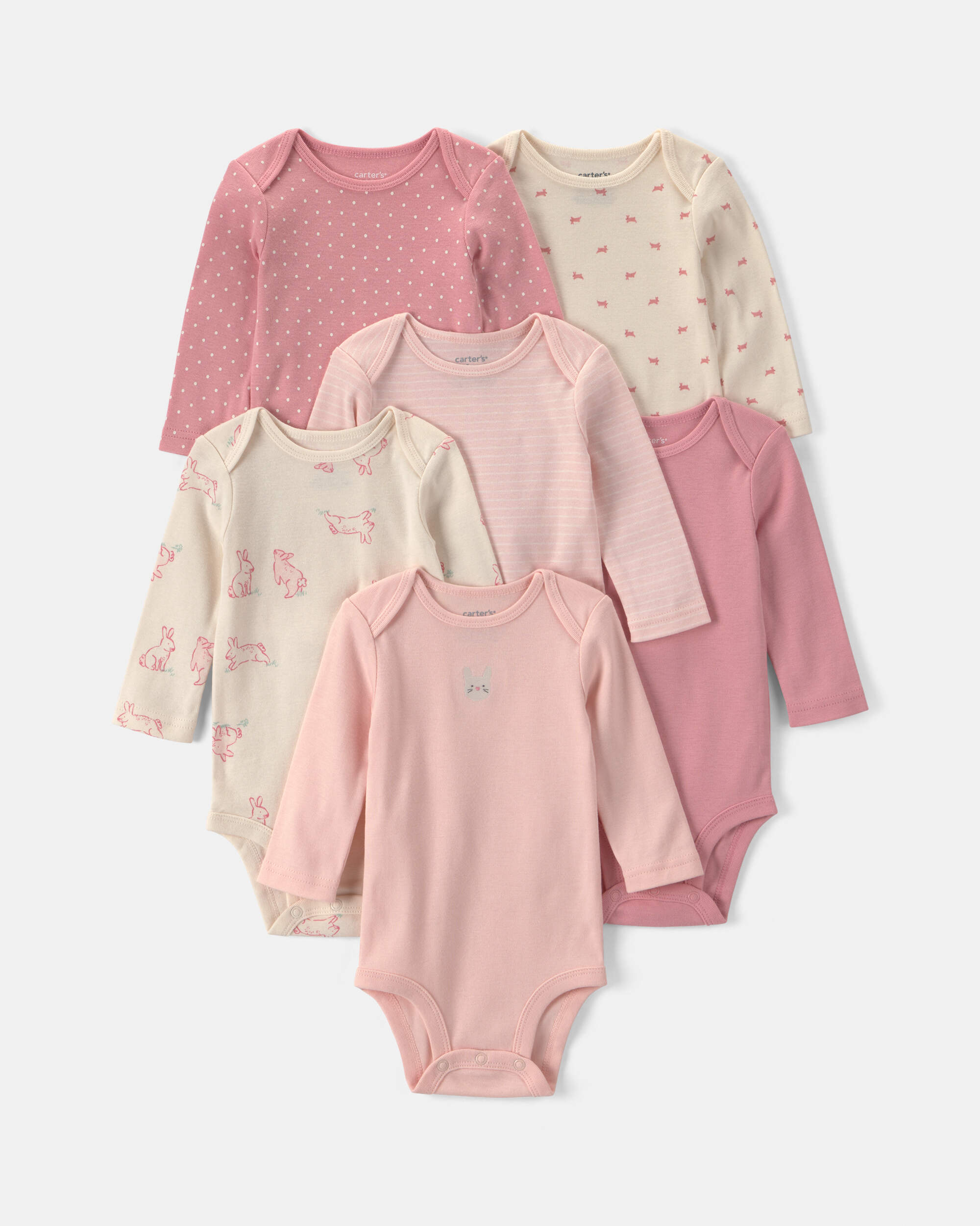 Baby Girl 6-Pack Bunny Long-Sleeve Bodysuits - Pink/Ivory