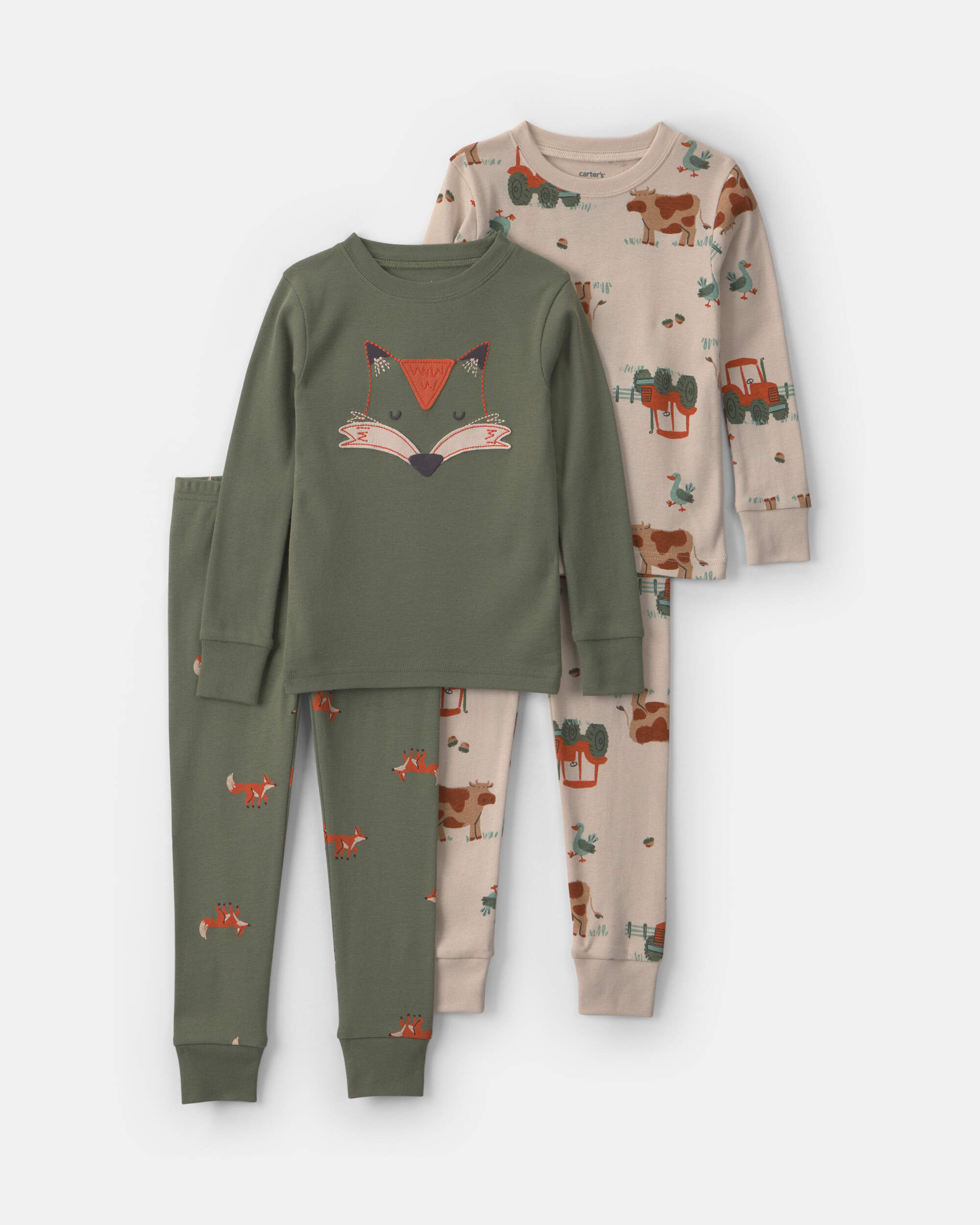 Baby Boy 4-Piece Fox 100% Cotton Snug Fit Pyjama Set - Green/Cream