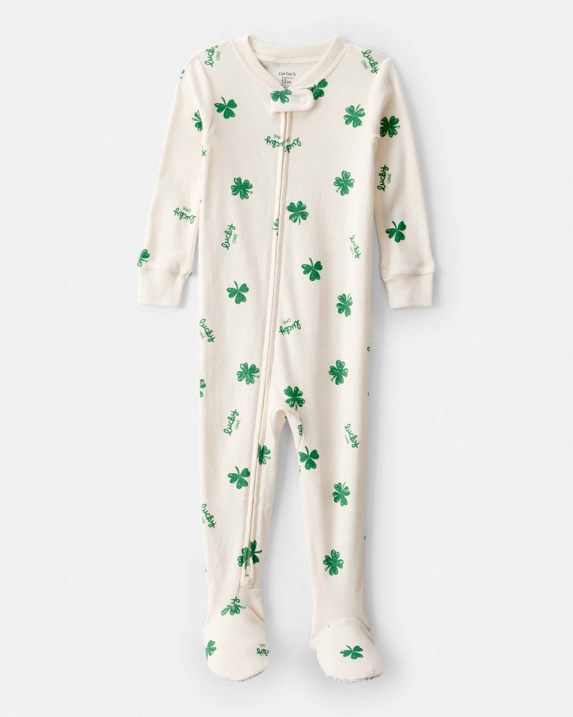 Baby St. Patrick's Day 100% Cotton Loose Fit 2-Way Zip Footie 1-Piece Pyjamas - Ivory