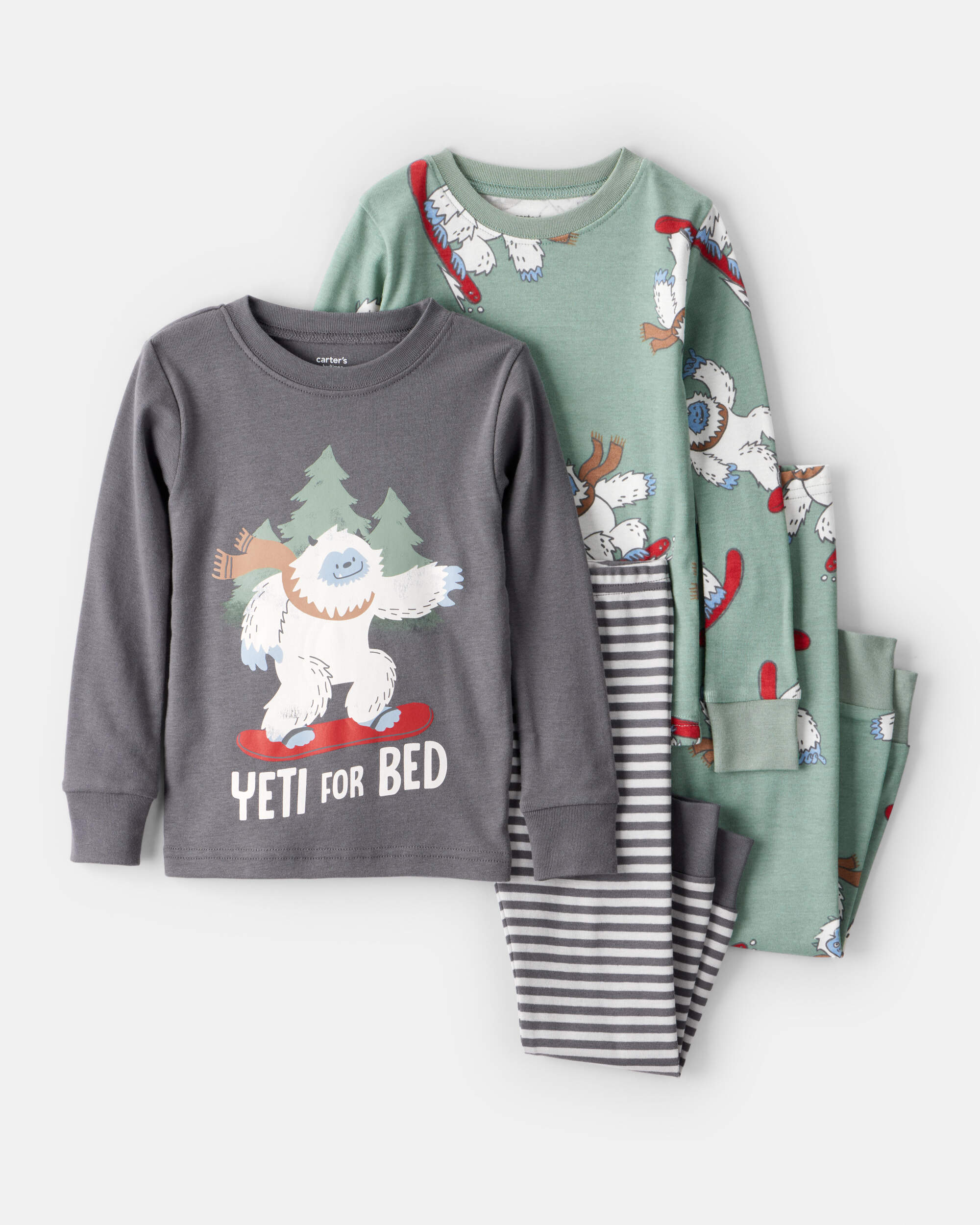 Baby Boy Yeti Print 100% Cotton Long-Sleeve Snug Fit 4-Piece Pyjamas - Green/Grey