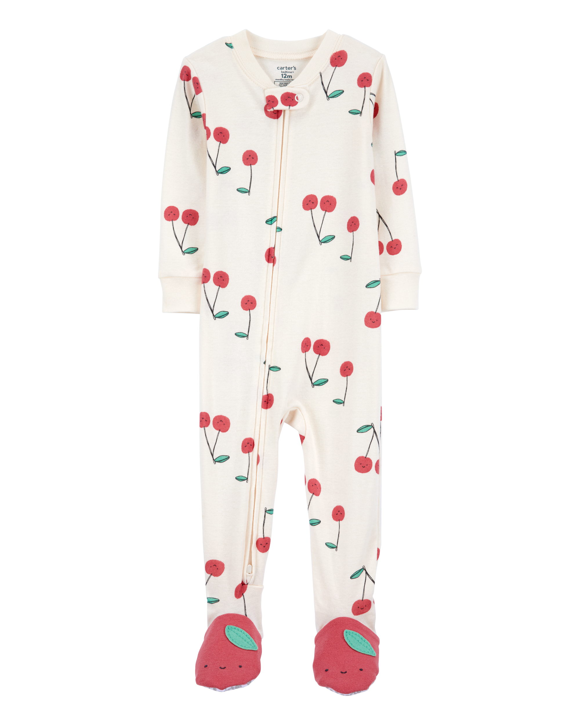 Baby Cherry Print Snug Fit Cotton Footie 1-Piece Pyjamas - White