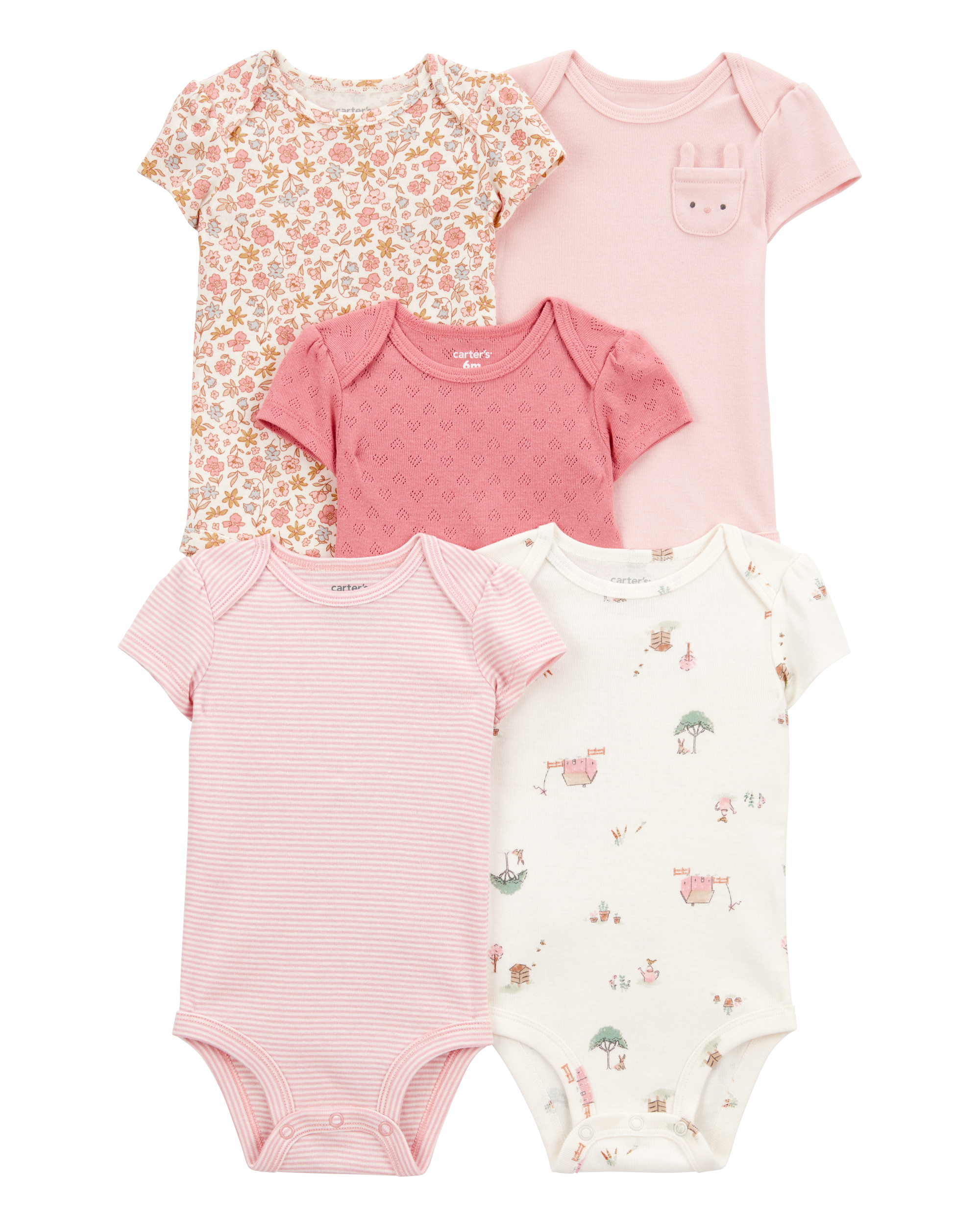 5-Pack Floral Bunny Short-Sleeve Cotton Bodysuits