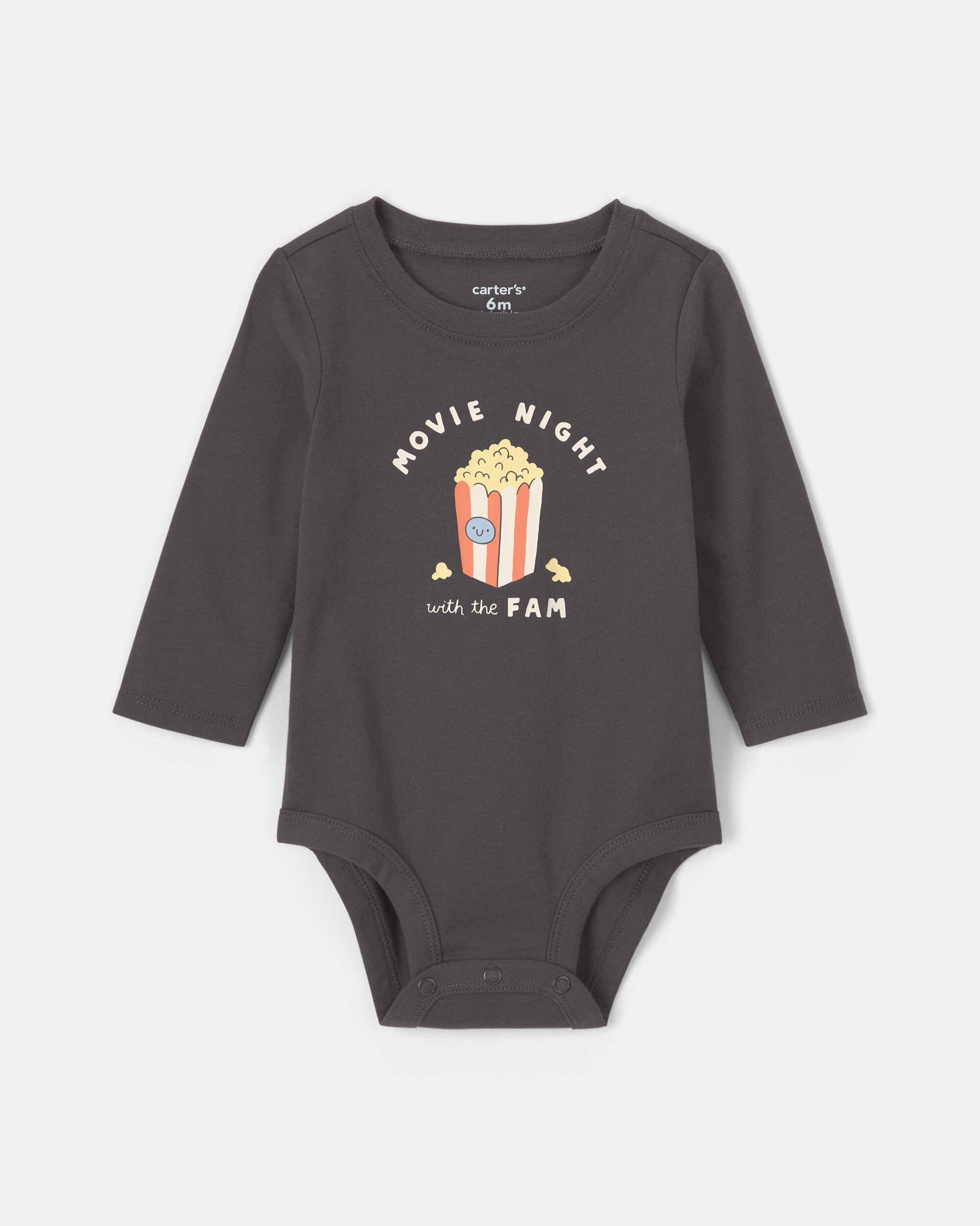 Baby 'Movie Night With The Fam' Popcorn Long-Sleeve Graphic Bodysuit - Black