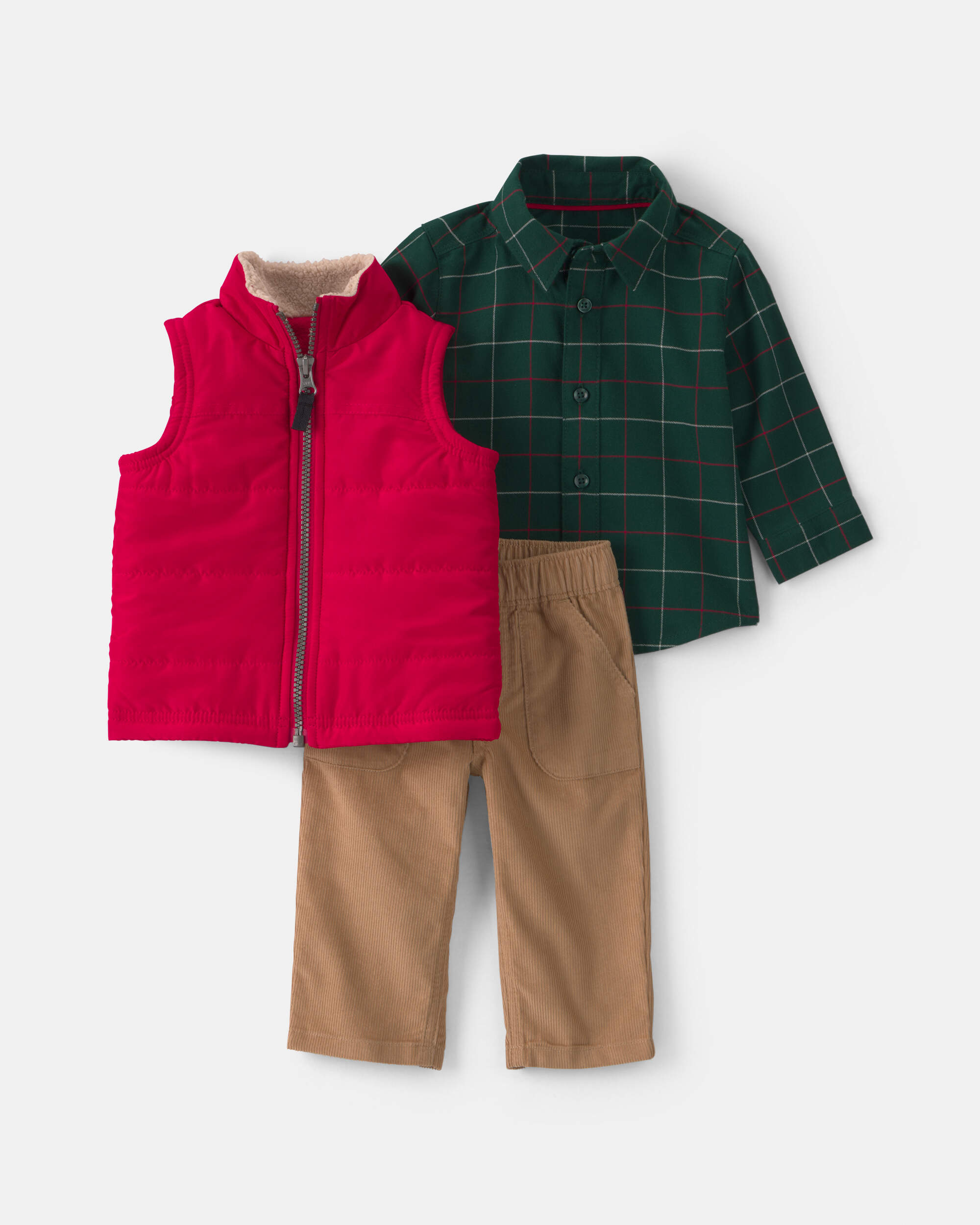 Baby Boy 3-Piece Plaid Twill Long-Sleeve Layering Set - Red/Green/Khaki