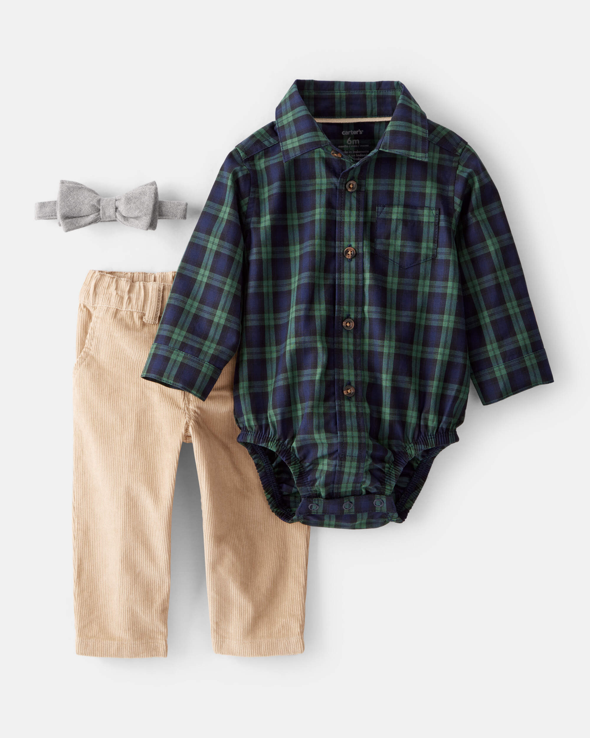 Baby Boy 3-Piece Plaid Print Cotton Bodysuit, Bowtie & Pant Set - Green/Tan
