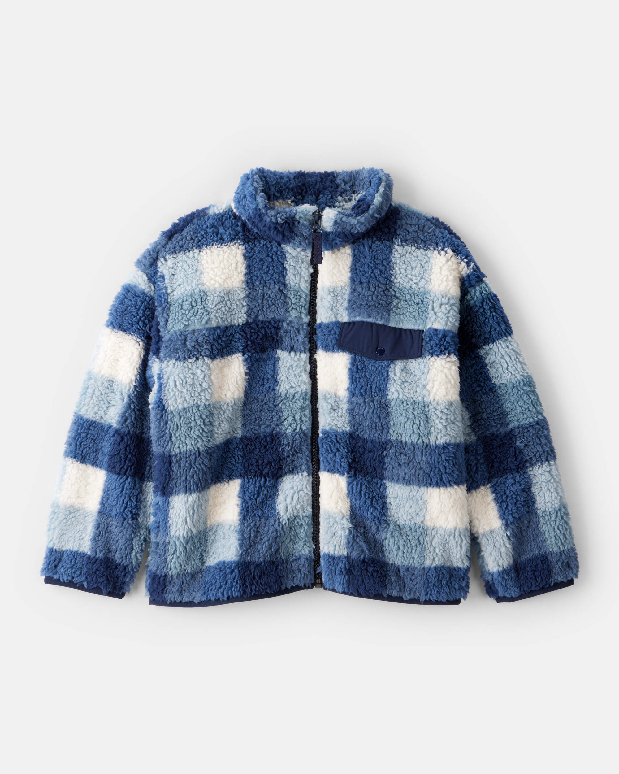 Boys Plaid Sherpa Long-Sleeve Zip-Up Jacket - Blue