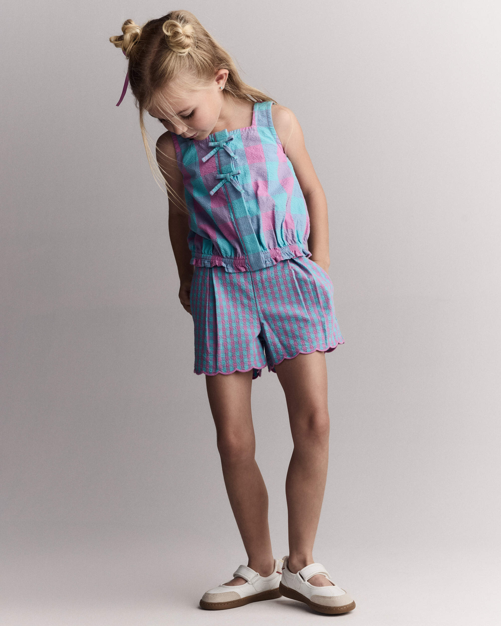 Toddler Girl Gingham Peplum Top with Bows - Purple/Blue