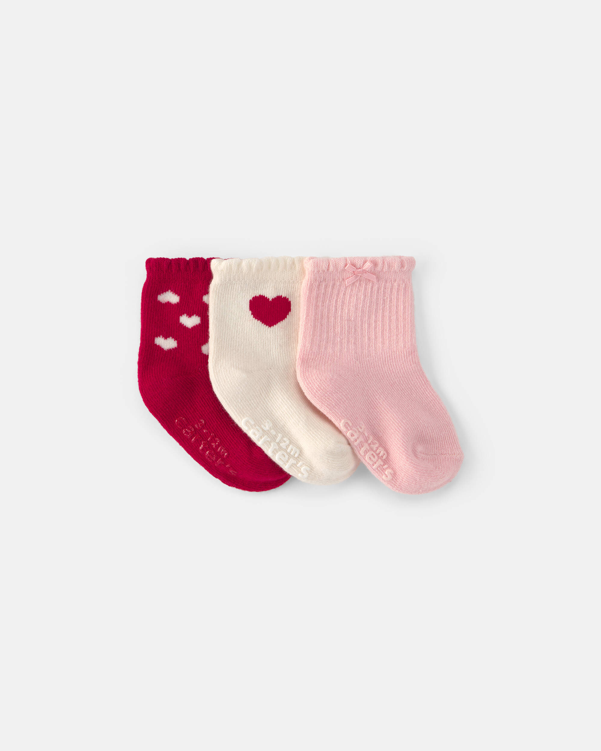 Baby Girl 3-Pack Heart Valentine's Day Booties - Red/Cream/Pink