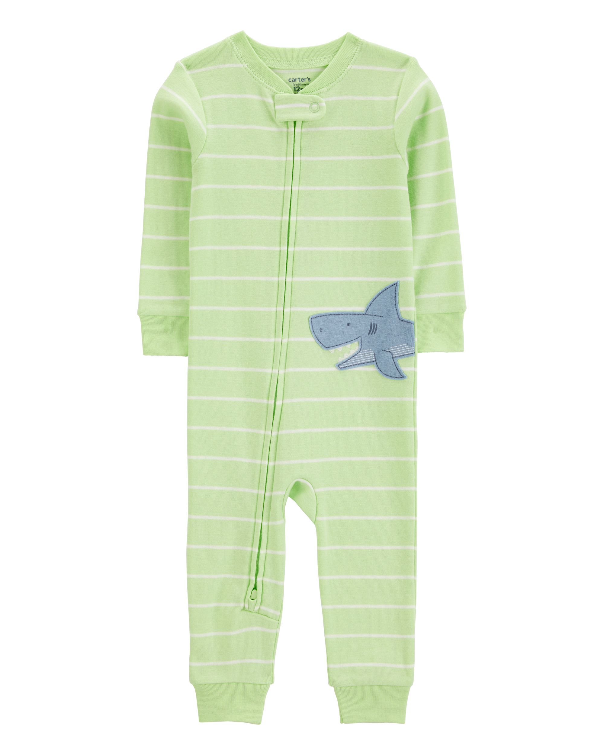Baby Shark Striped Snug Fit Cotton Footless 1-Piece Pyjamas - Green