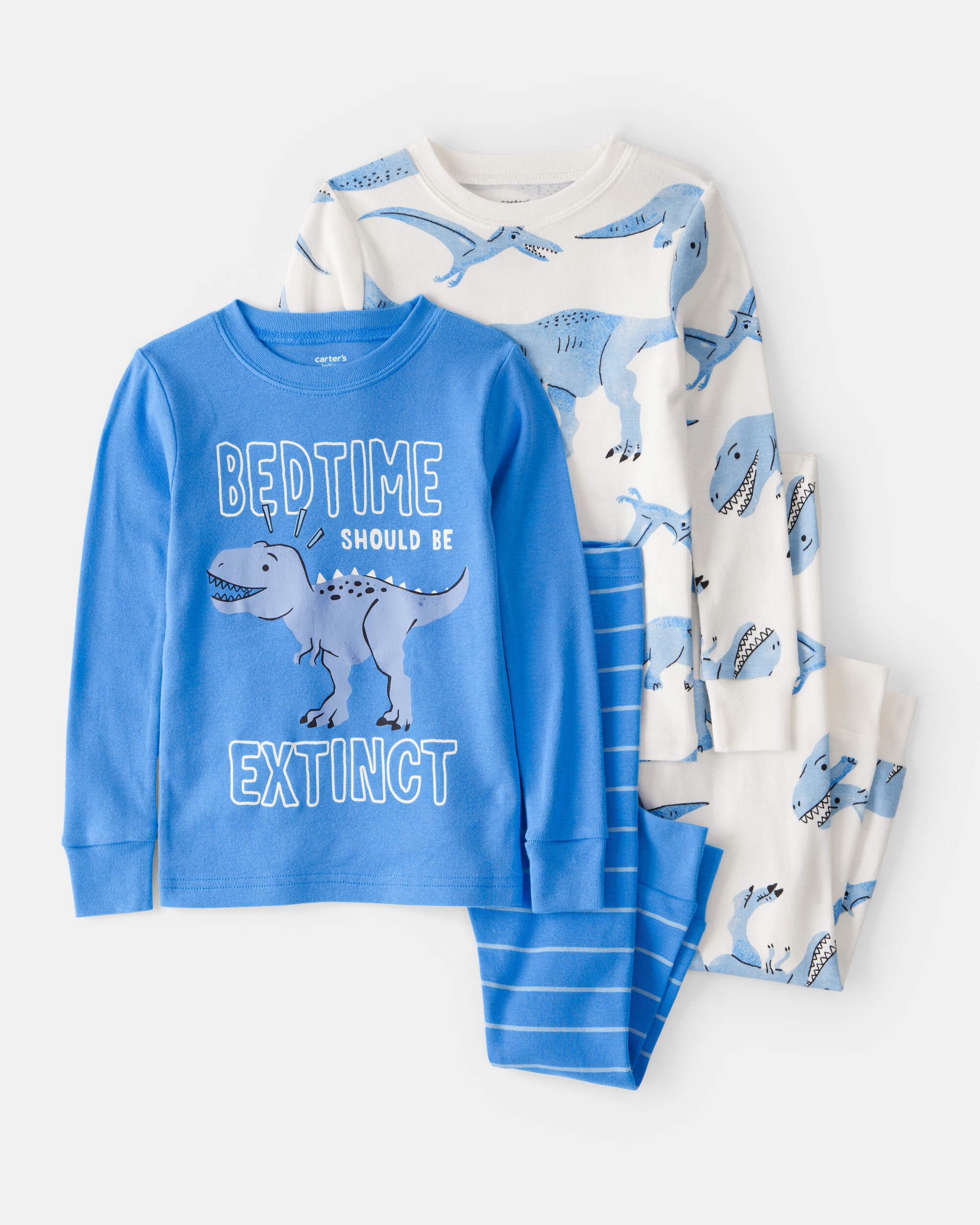 Baby Boy Dinosaur Print 100% Cotton Long-Sleeve 4-Piece Pyjamas - White/Blue