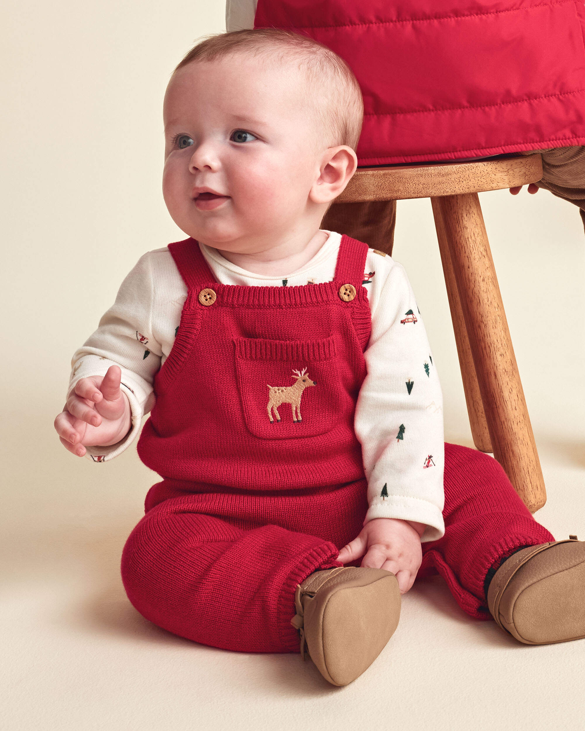 Baby 2-Piece Reindeer Long-Sleeve Sweater Overall Set - Red/Cream