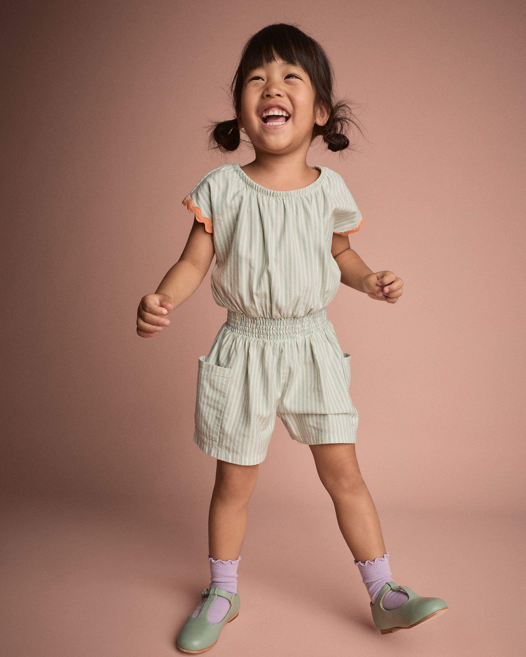 Toddler Girl Swing Romper with Pockets Stripes- Light Blue