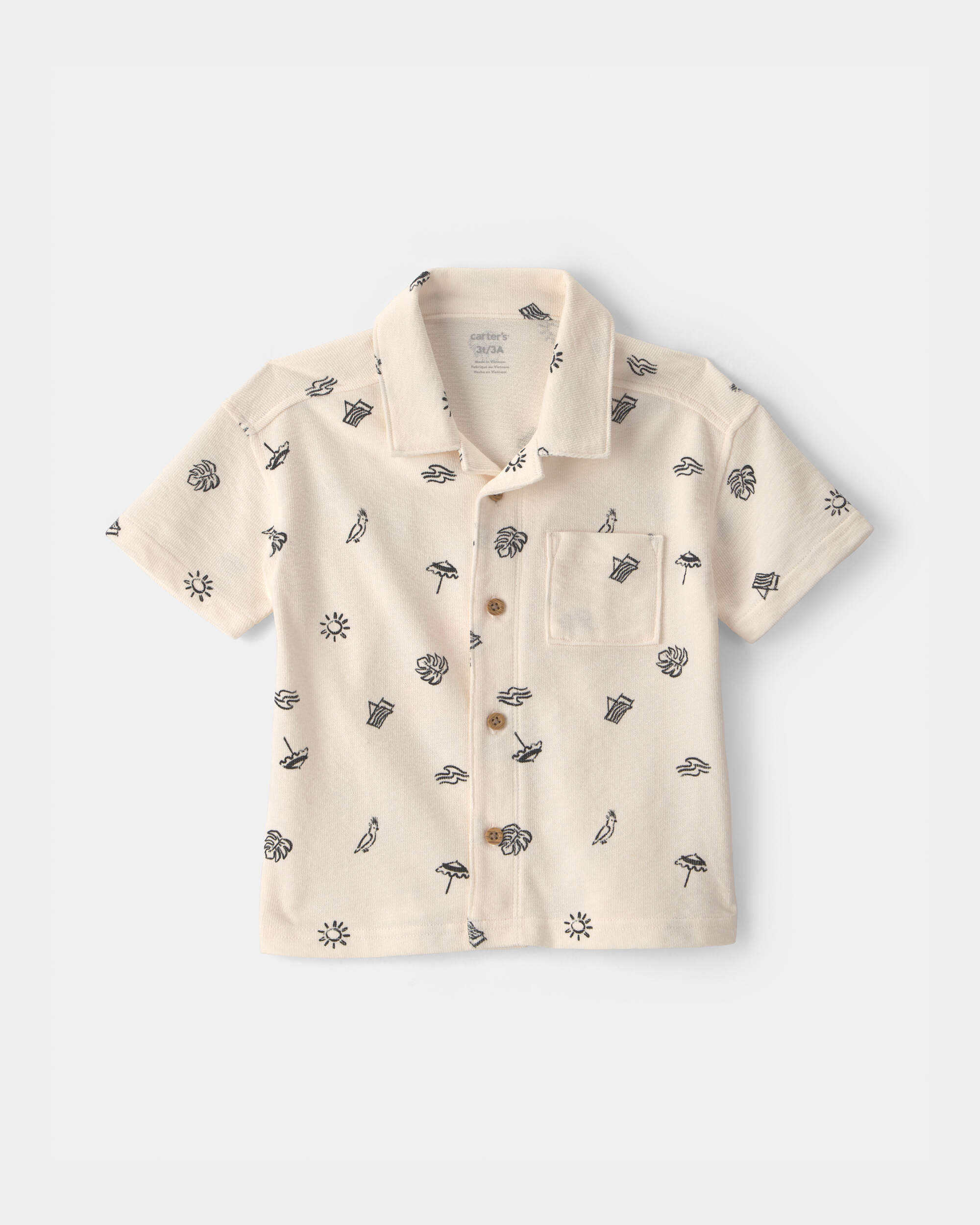 Toddler Boy Beach Short-Sleeve Button-Down Shirt - Cream/Black