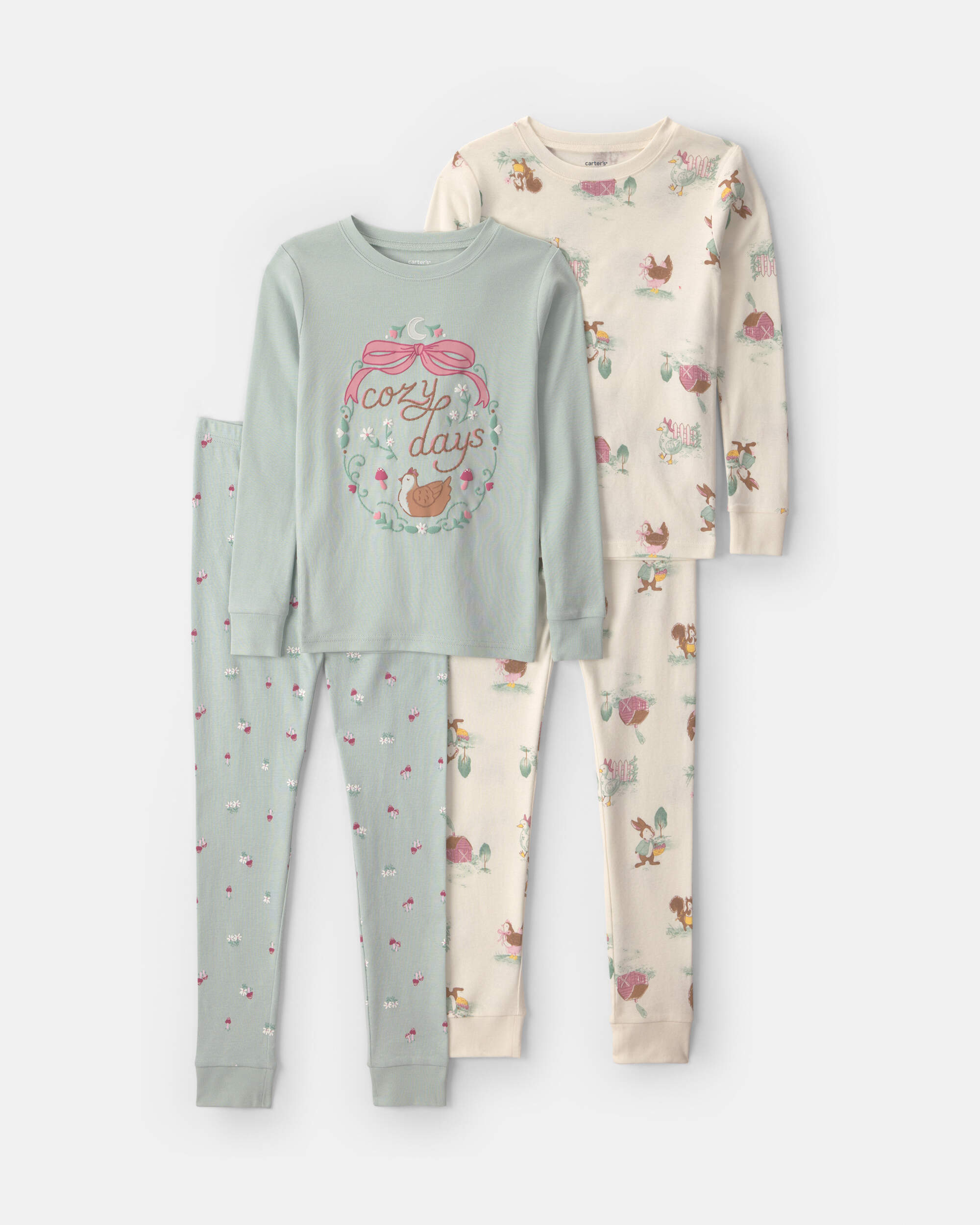 Girls 4-Piece Country Chicken 100% Cotton Snug Fit Pyjama Set - Blue/Cream