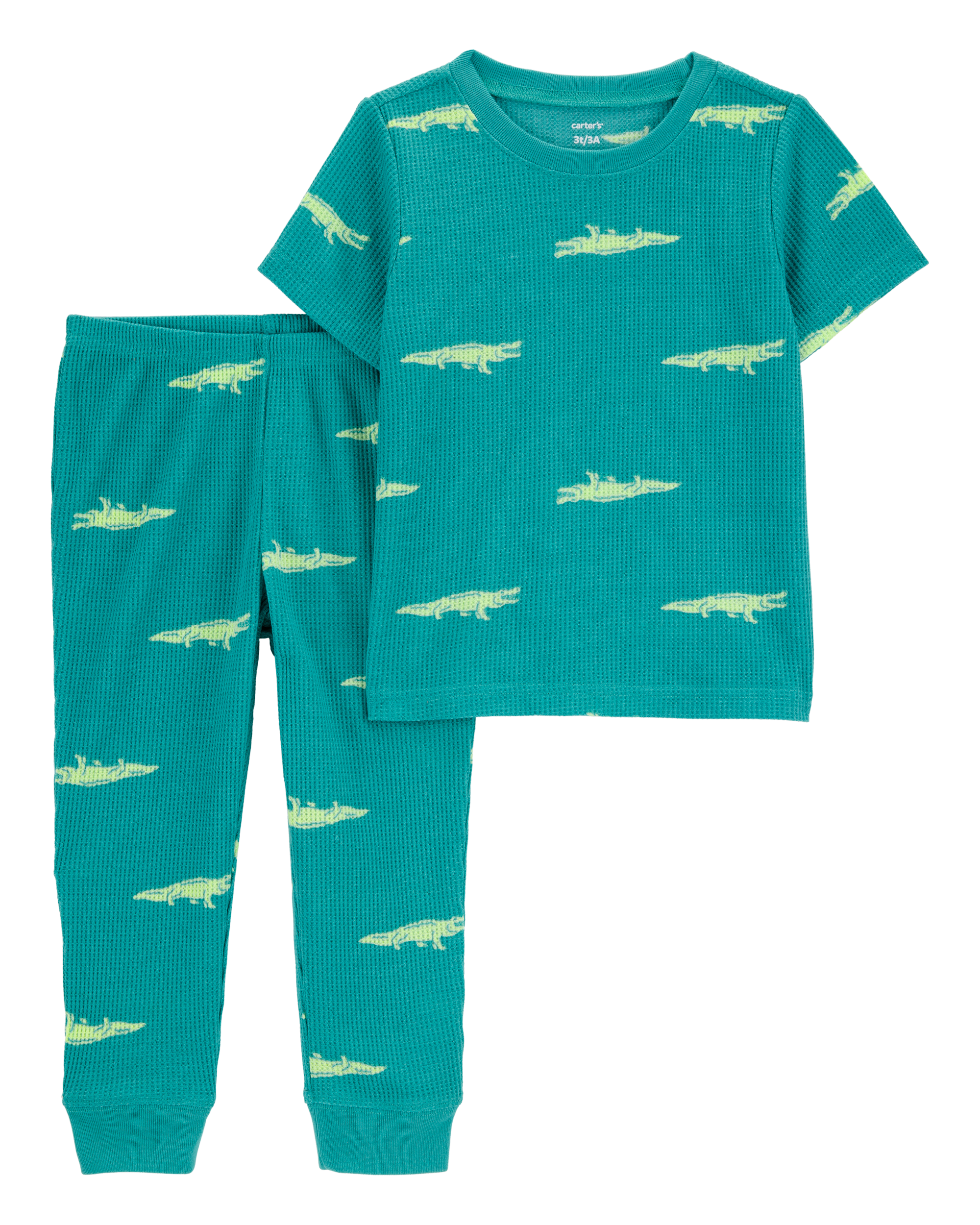 Toddler Alligator Print Loose Fit Waffle Knit 2-Piece Pyjamas - Green