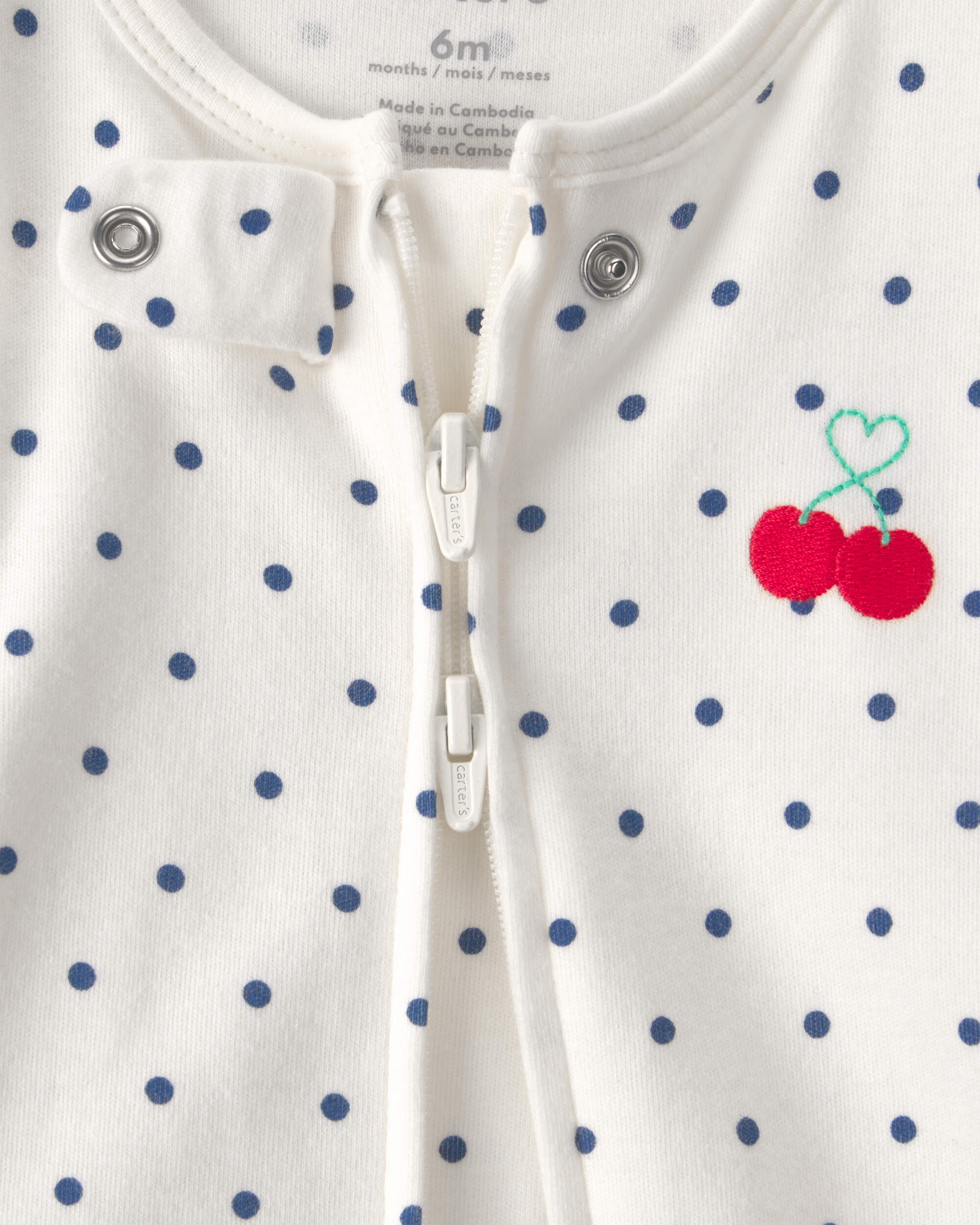 Baby Girl Cherry 2-Way Zip 100% Cotton Sleeper - White