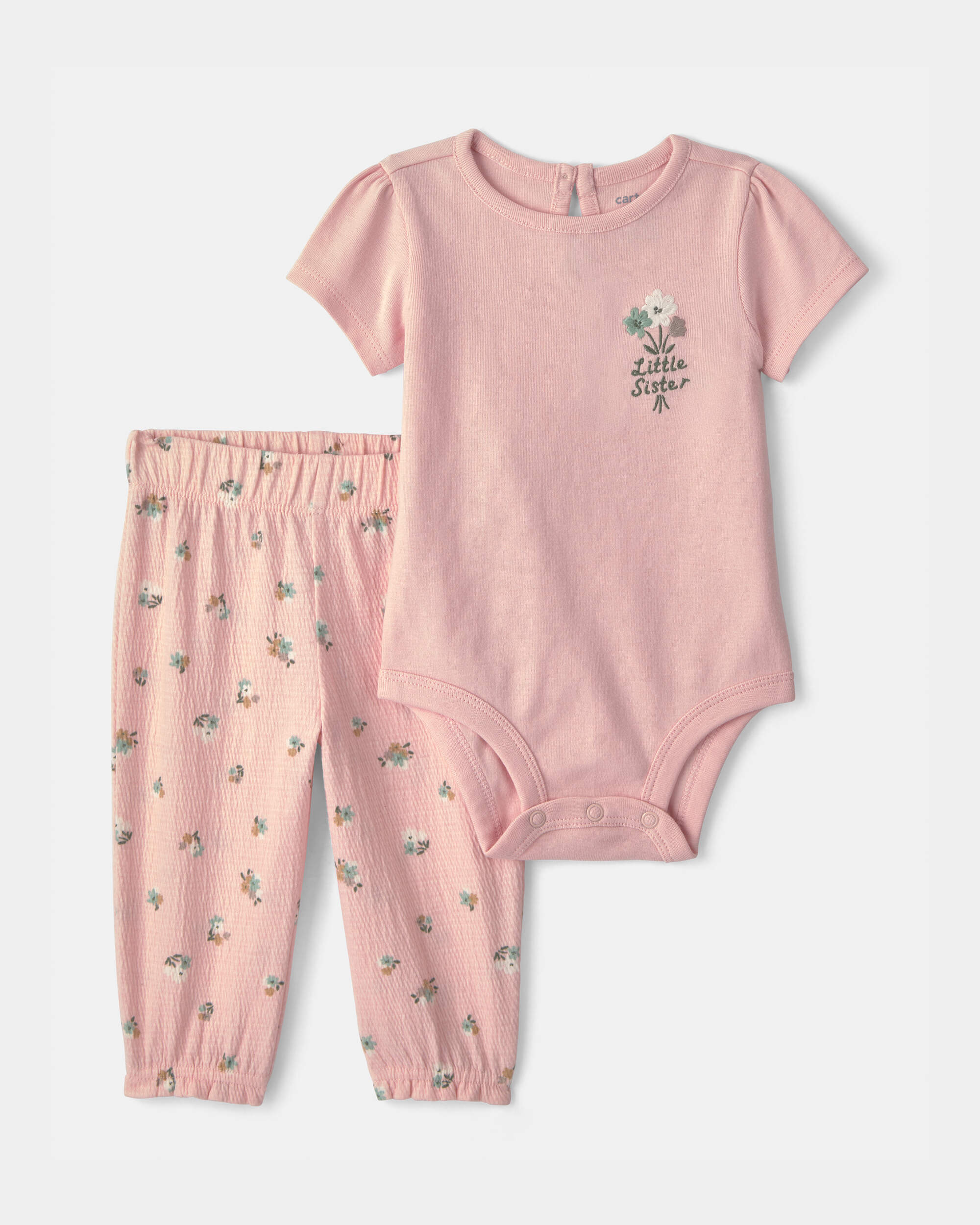 Baby 2-Piece 'Little Sister' Floral Bodysuit & Pant Set - Pink
