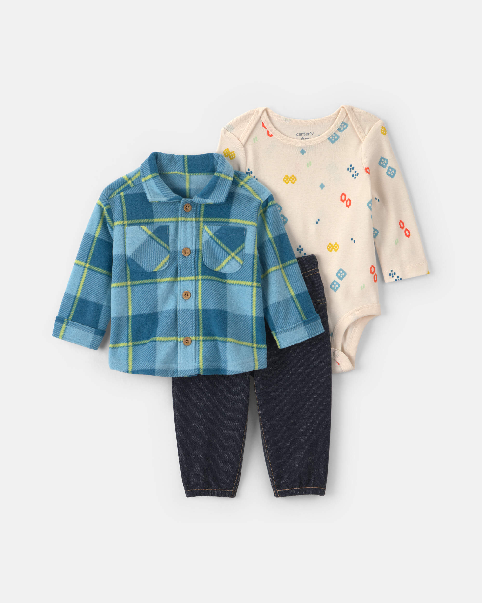 Baby Boy 3-Piece Buffalo Check Fleece Layering Set - Blue/Cream