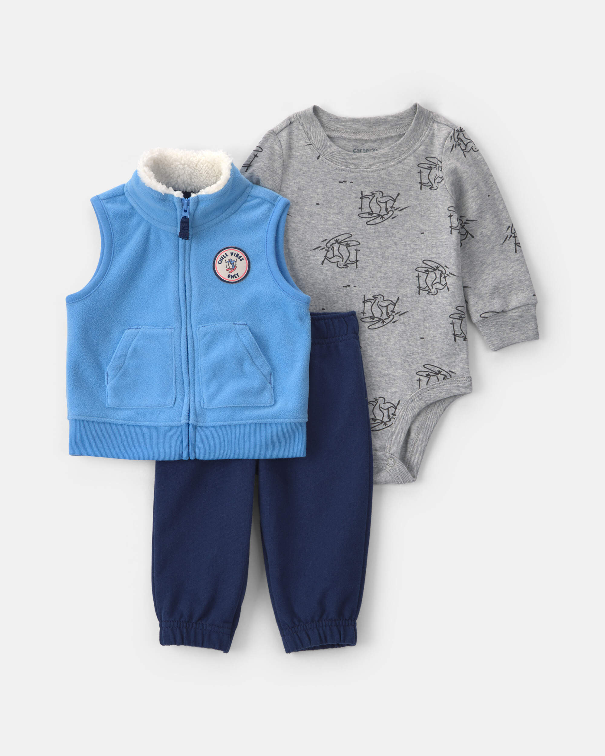 Baby Boy 3-Piece Penguin 'Chill Vibes Only' Fleece Layering Set - Blue/Gray