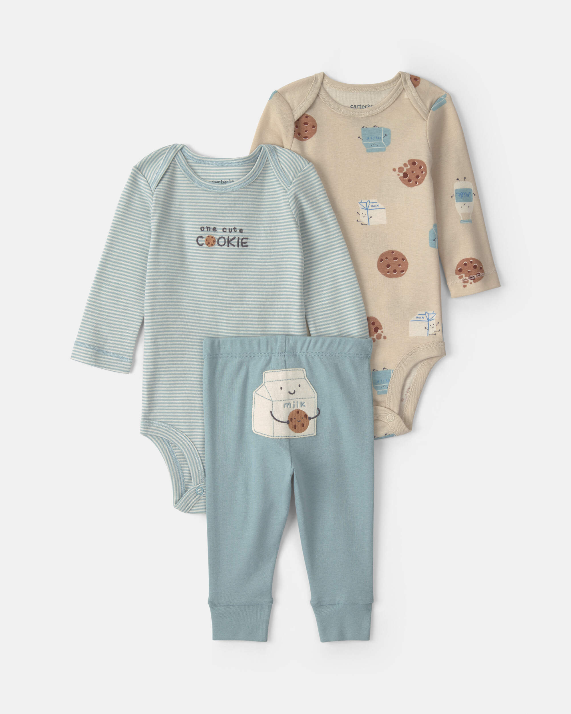 Baby Boy 3-Piece Milk & Cookies Long-Sleeve Bodysuit Pant Set - Blue/Cream